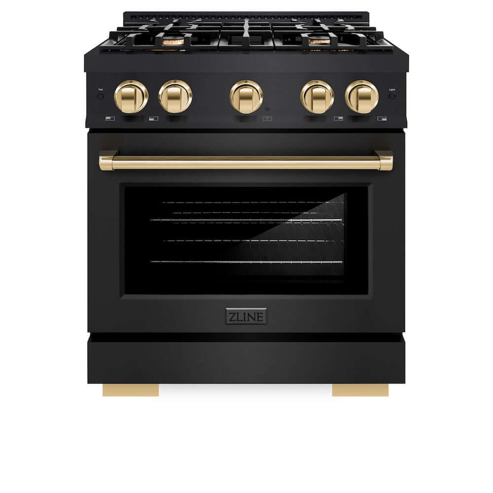 ZLINE Autograph Edition 30-inch 4.2 cu. ft. Dual Fuel Range - 4 Burner Gas Cooktop & Electric Convection Oven - Black Stainless Steel with Polished Gold Accents (HDRBZ 30 G) | Professional Kitchen Appliance for Home Chefs & Cooking Enthusiasts