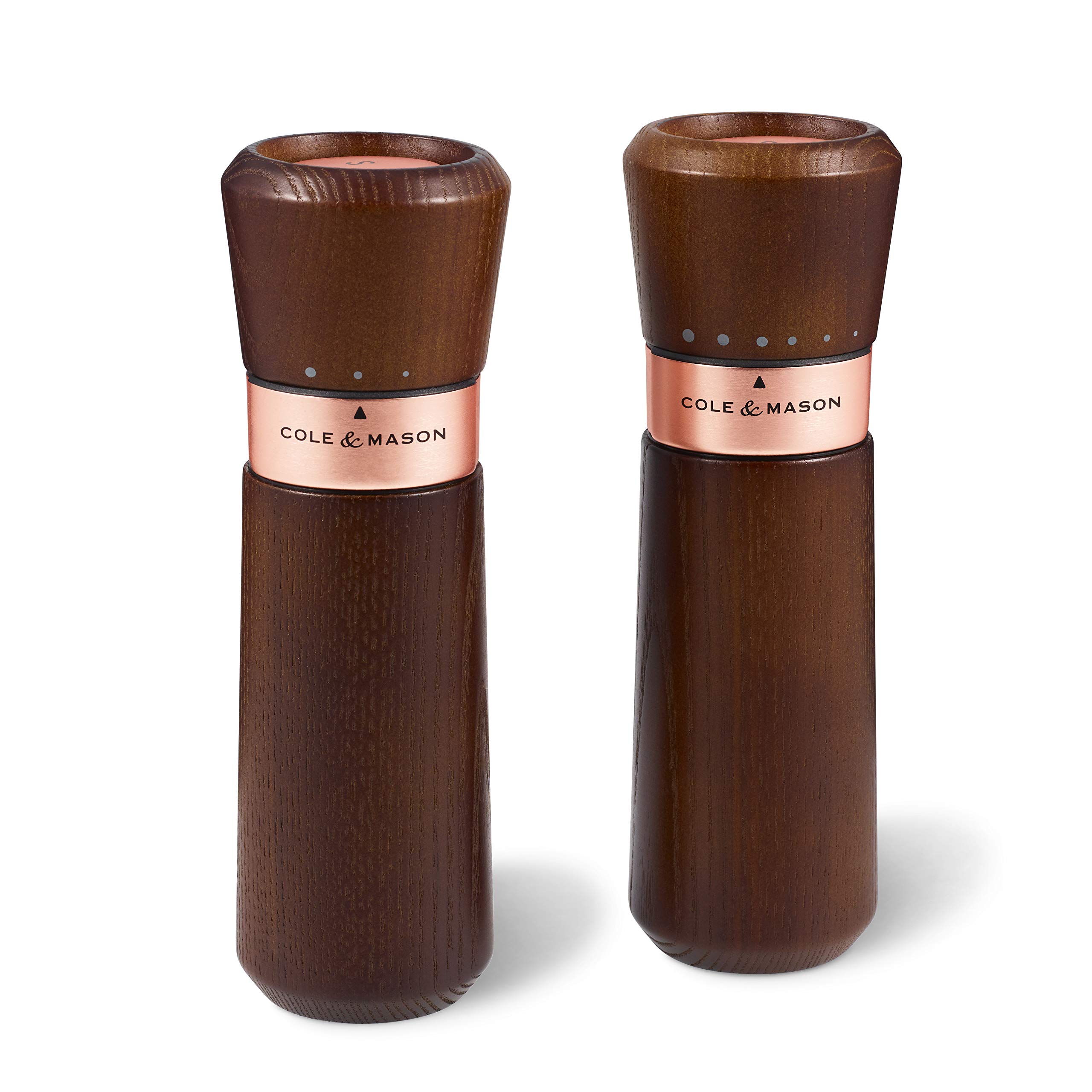 Cole & Mason Lyndhurst Premium Salt and Pepper Grinder Set - Ash Wood & Stainless Steel - 185mm Gourmet Precision+ Mills - Rose Gold Accents - Perfect for Kitchen, Dining Table & Gift Giving