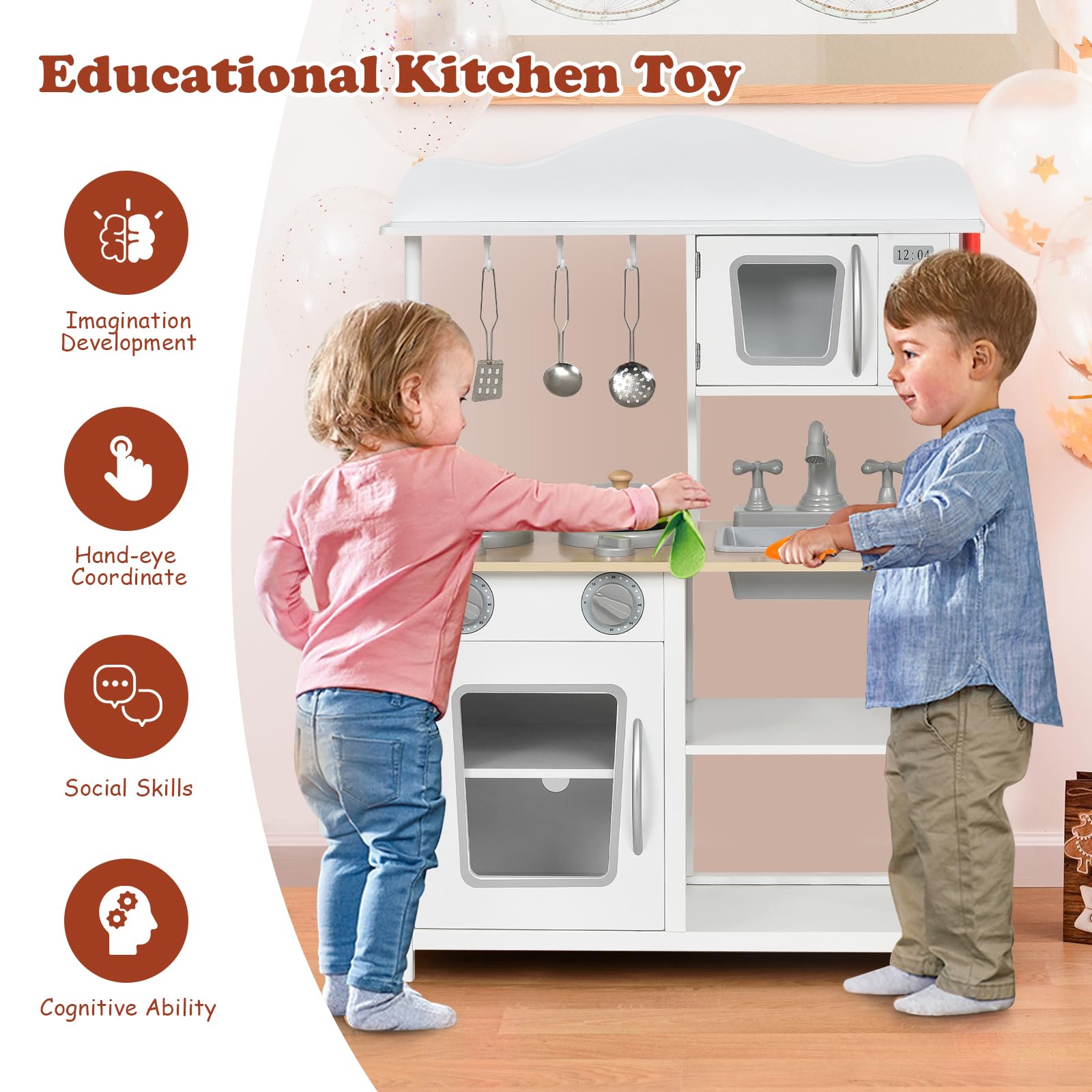Costzon Wooden Kids Kitchen Playset with Sink, Oven, Microwave, Stove, Pots & Utensils - Pretend Play Kitchen Toy for Toddlers & Kids, Perfect Gift for Boys & Girls, Ideal for Home, Preschool & Daycare Playrooms