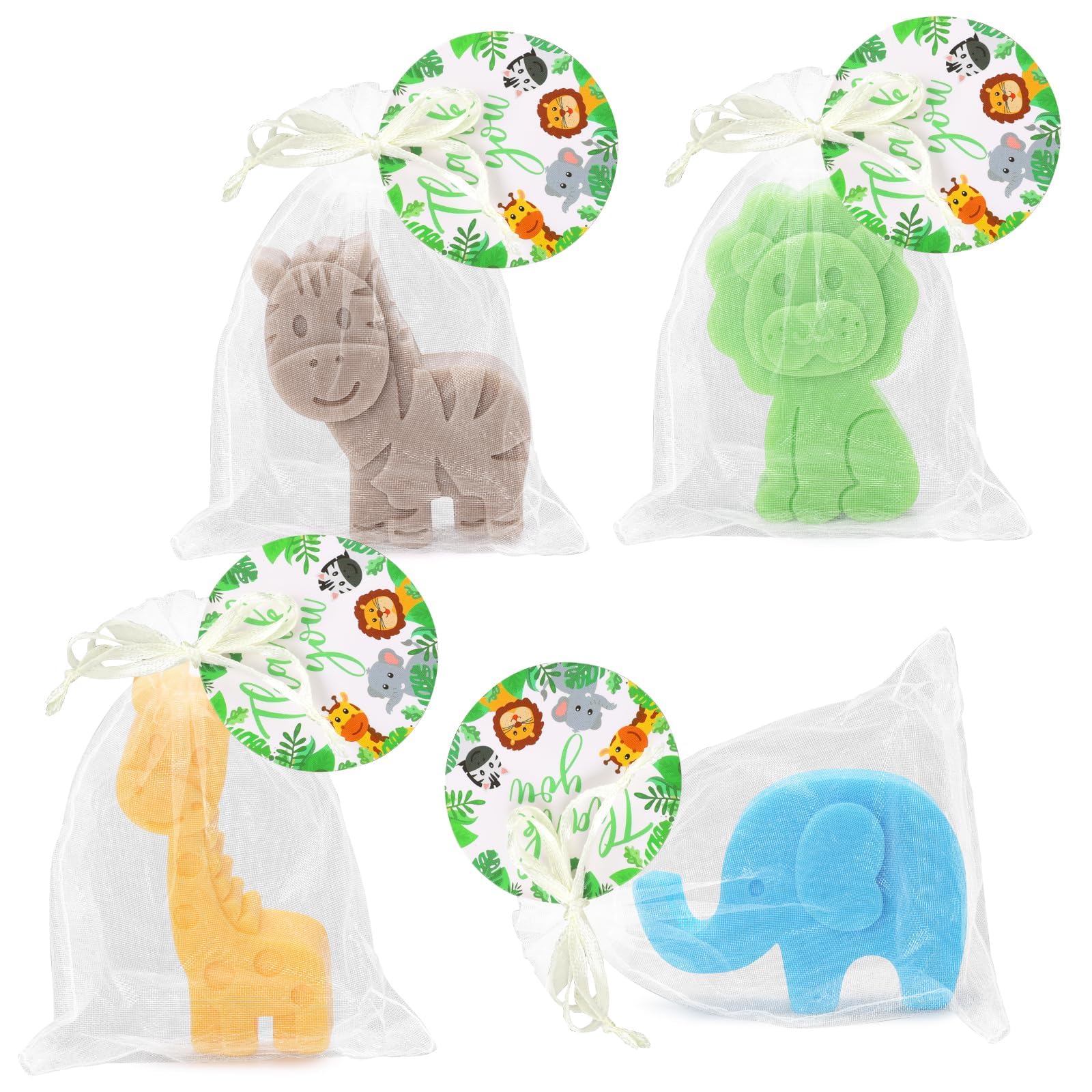 4 Pack Woodland Baby Shower Soap Favors Set - Jungle Animal Shaped Natural Mini Soaps with Gift Bags & Thank You Cards | Perfect for Baby Showers, Birthday Party Favors, Kids Gifts & Decorations