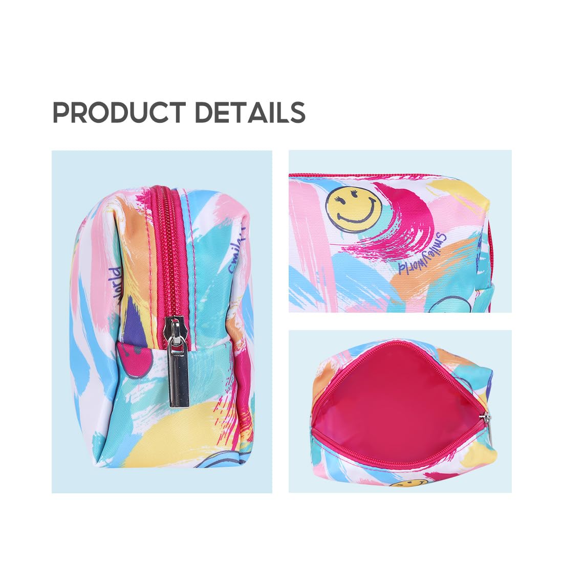 MINISO SmileyWorld Travel Makeup Pouch for Women & Girls - Waterproof Cosmetic Organizer Bag, Small Toiletry Bag for Travel Accessories (15x7x10cm, Blue) - Perfect for Vacation, Gym & Daily Essentials Storage