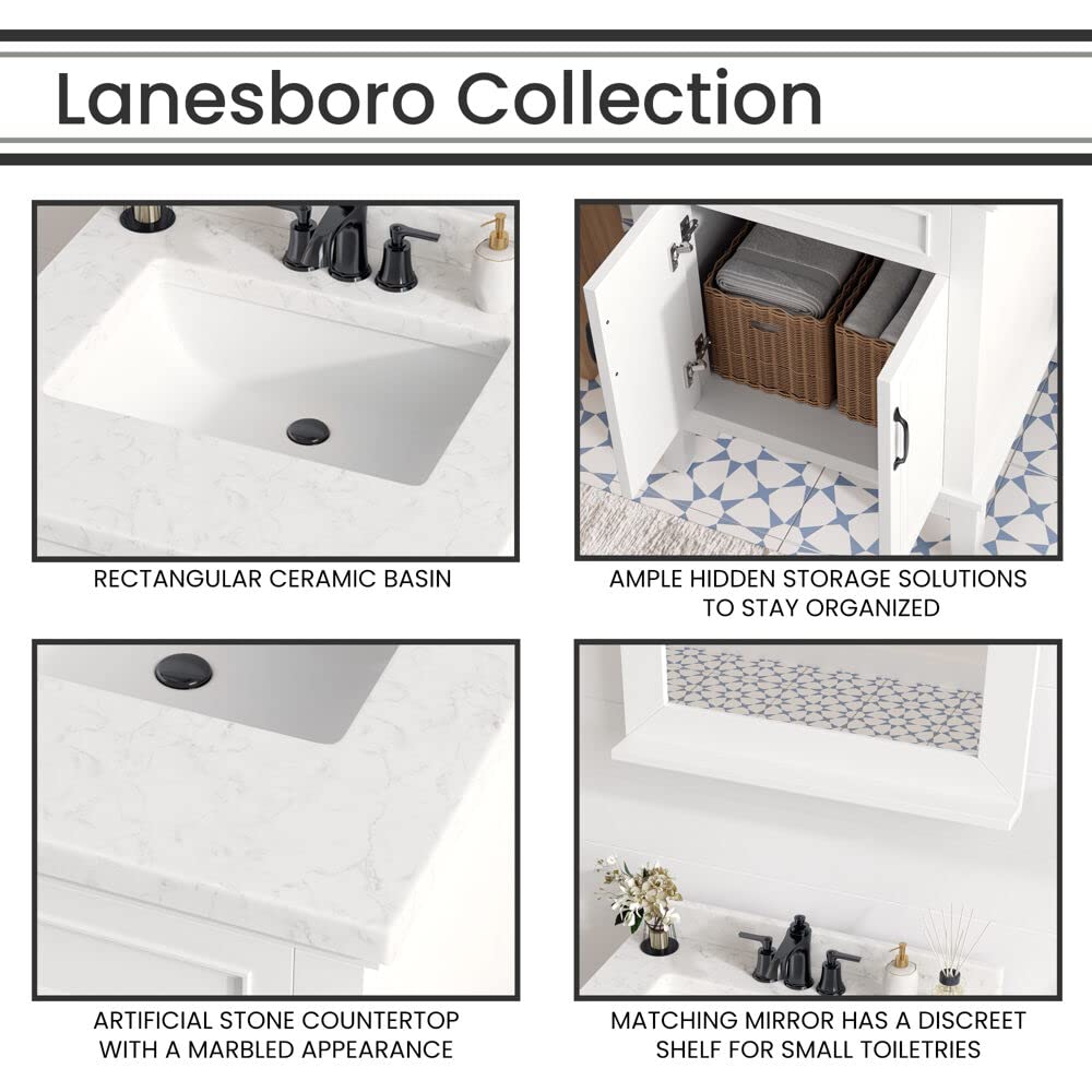 Hanover Lanesboro 24'' White Bathroom Vanity Set with Sink, Mirror & Stone Countertop - Pre-Assembled 2-Door Cabinet for Powder Room or Master Bath | HANVN0105-24-0WH | Perfect for Small Bathrooms & Guest Suites