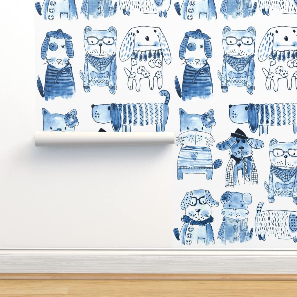Peel & Stick Removable Wallpaper - 12ft x 2ft Dog Breeds Monochrome Watercolor Design | Jazz & Blues Inspired Indigo Animal Illustrations | Gender Neutral Nursery, Bedroom, or Office Decor | Easy DIY Home Renovation