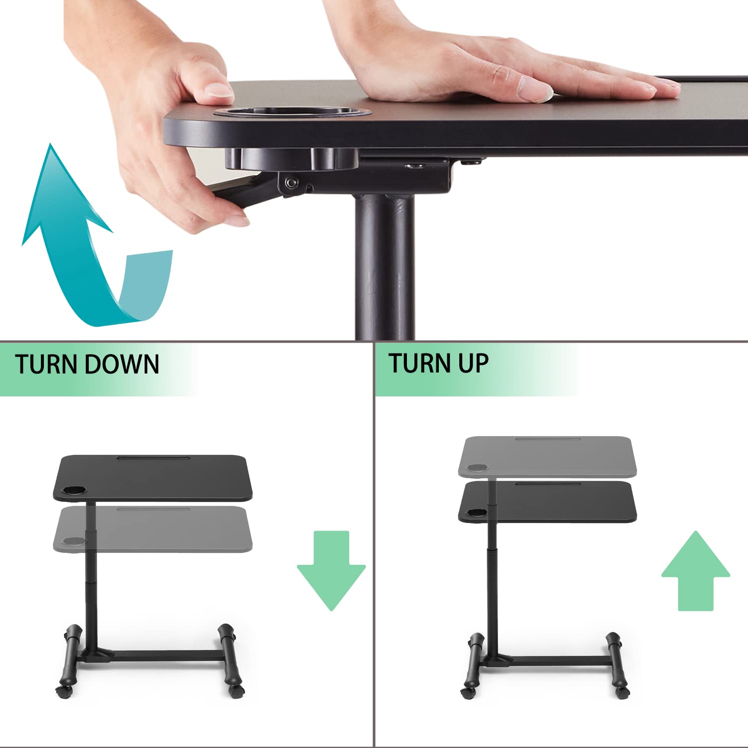 Adjustable Overbed Table with Wheels - Rolling Tray Table for Hospital Bed, Bedside Laptop Desk - Portable Mobile Work Surface for Eating, Working, Reading in Bed (Black) - Perfect for Patients, Elderly Care & Home Office Use