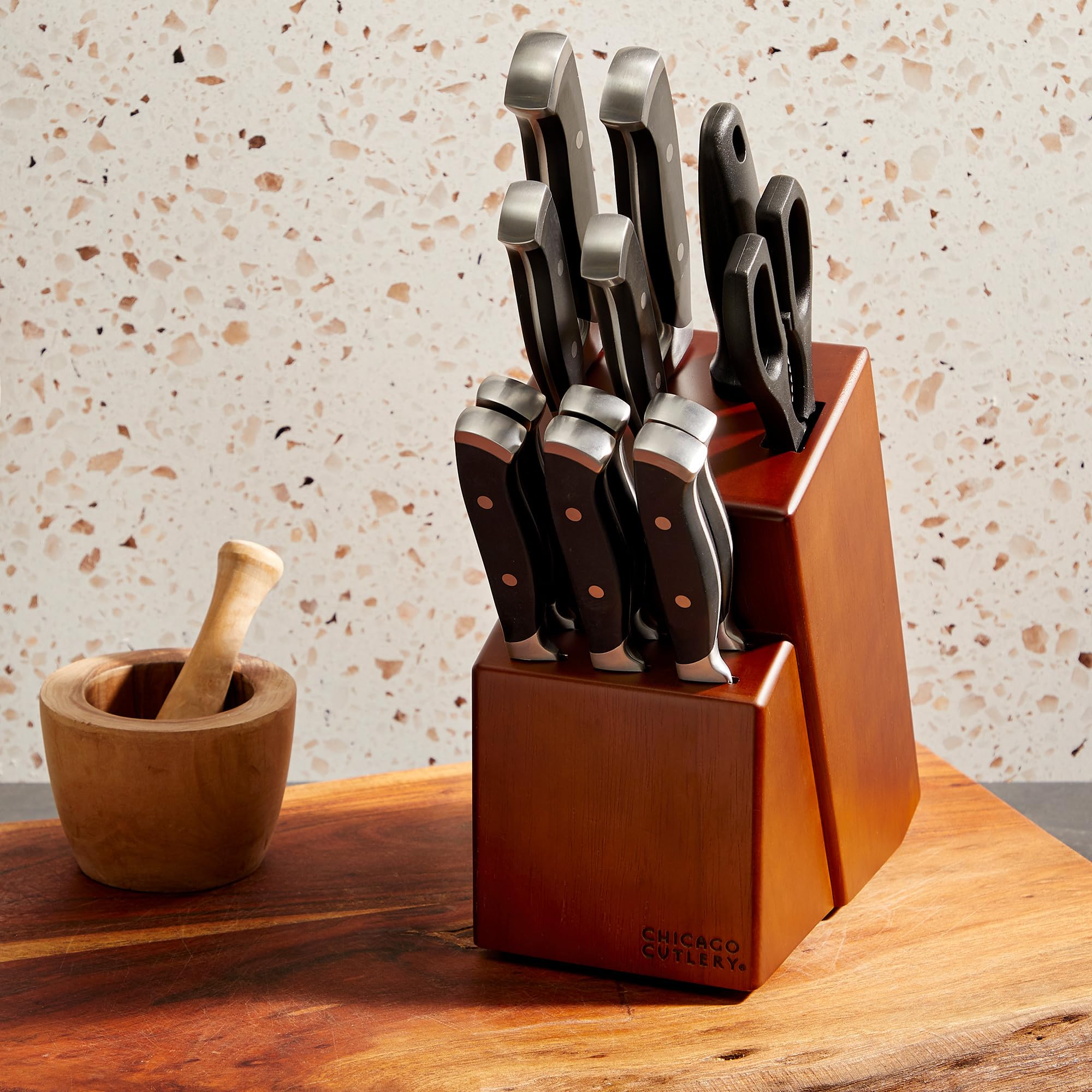Chicago Cutlery Armitage 13-Piece Professional Knife Block Set - Stainless Steel Kitchen Knives with Steak Knives, Wooden Block & Ergonomic Black Handles - Perfect for Home Chefs, Cooking Enthusiasts & Professional Kitchens