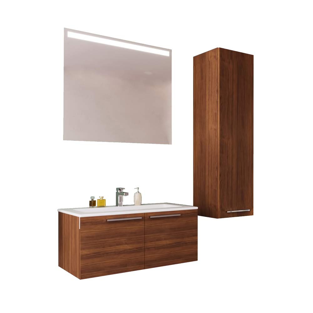 32 Inch Single Sink Bathroom Vanity Set with LED Mirror & Side Cabinet - Modern Floating Wood Vanity with Soft Closing Doors & Ceramic Sink - Wall Mounted Bathroom Storage - Matte Walnut Finish - Perfect for Small Bathrooms, Apartments & Modern Home Decor
