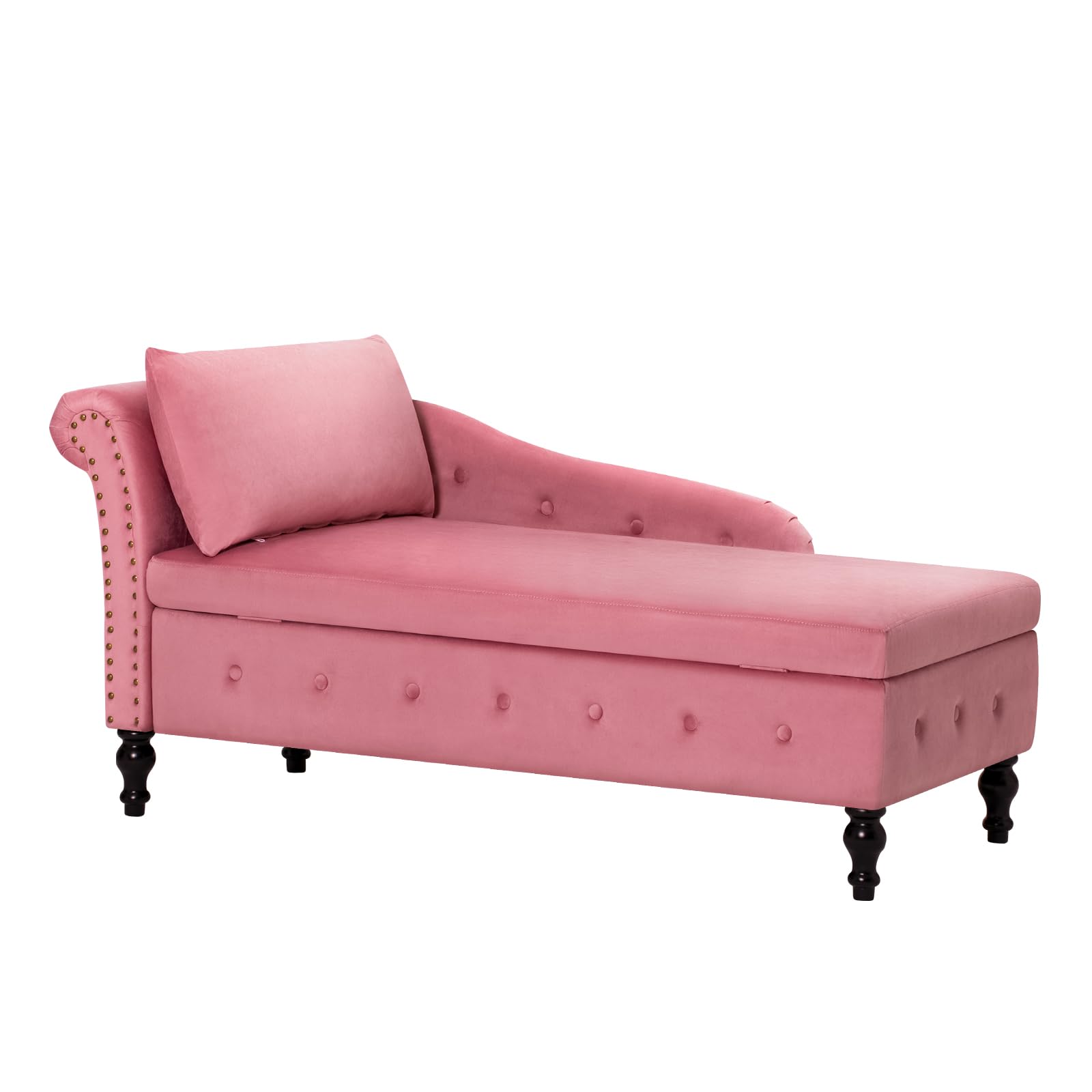 Velvet Upholstered Chaise Lounge with Left Armrest & Storage Space, Button Tufted Modern Lounge Chair with Lumbar Pillow - Pink Accent Furniture for Bedroom, Living Room & Office - Perfect for Relaxing, Reading or Napping