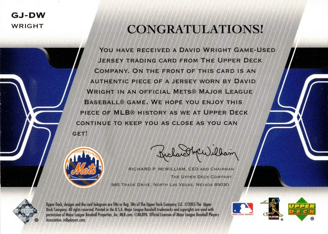 2005 Upper Deck Game Jersey #GJ-DW David Wright Game Worn Mets Jersey Baseball Card - Authentic MLB Collectible for Sports Memorabilia Fans & Card Collectors - Perfect for Display, Trading, and Investment