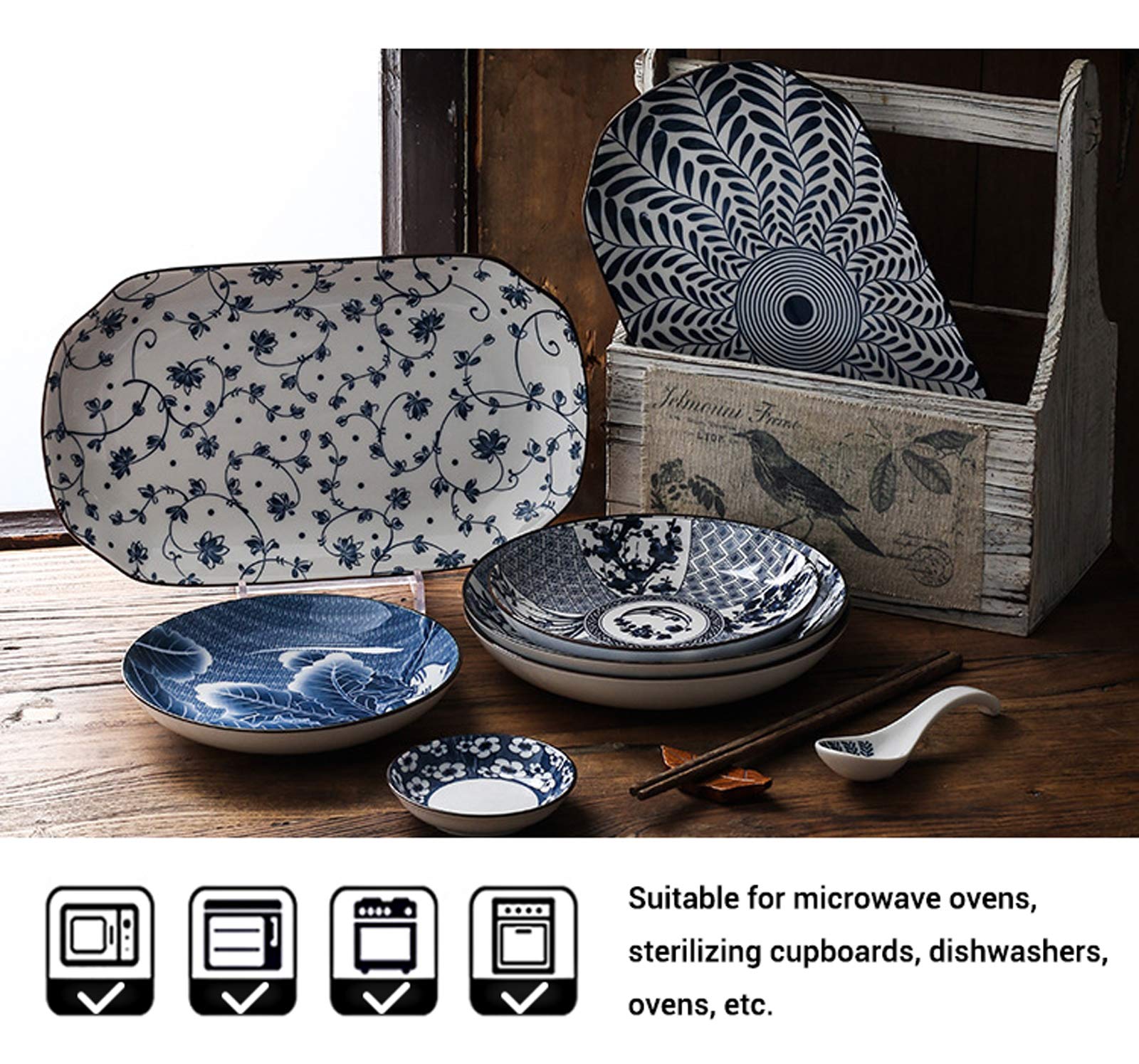 Blue and White Porcelain Appetizer Plates 4 Pack - Floral Dinner Shallow Dishes for Salad, Dessert, Snacks (3.5 inch, Willow Leaves) - Perfect for Tea Parties, Wedding Receptions & Home Decor
