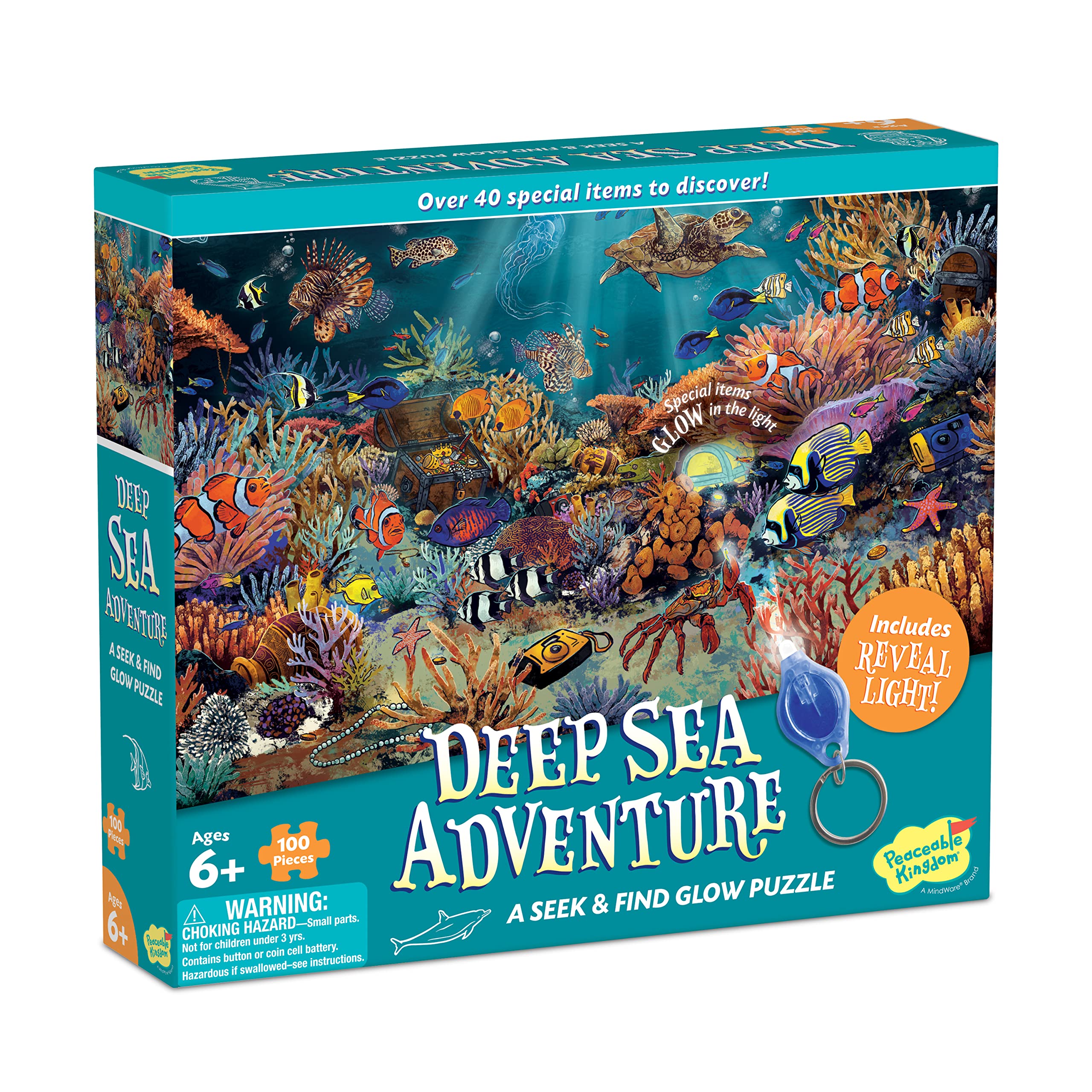 Peaceable Kingdom Deep Sea Adventure 100-Piece Glow in the Dark Puzzle for Kids Ages 6+ | Seek & Find Ocean Theme Jigsaw with Blacklight | Fun Family Game Night & Educational STEM Activity | Perfect for Birthday Gifts, Classroom Learning & Rainy Day Entertainment