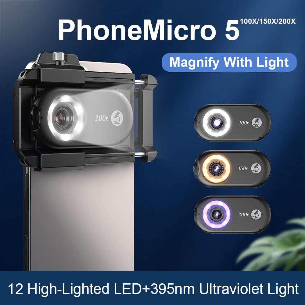 3-in-1 Phone Microscope Lens Attachment with CPL Lens, LED/UV Light - 100x, 150x, 200x Zoom Magnification for iPhone & Android | Perfect for Coin Collecting, Jewelry Inspection & Science Education
