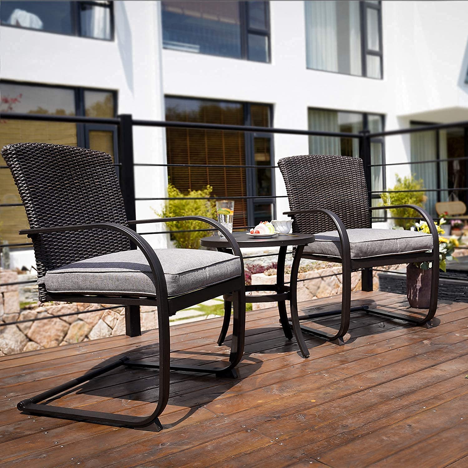 3-Piece Outdoor Bistro Set with Rocking Wicker Chairs & Coffee Table - Patio Furniture for Balcony, Porch, Garden - Includes Removable Cushions & Weather-Resistant Grey Wicker (Perfect for Relaxing, Entertaining & Small Outdoor Spaces)