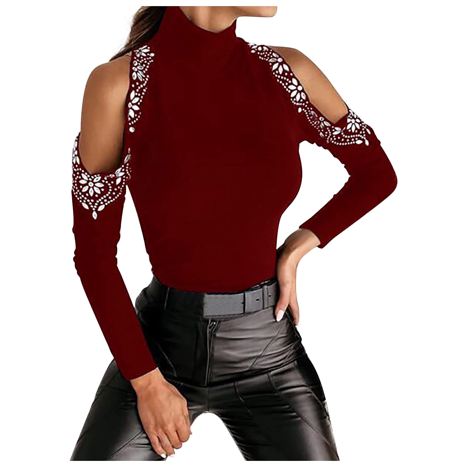 Women's Long Sleeve Cold Shoulder T-Shirt - Mock Neck Slim Rhinestone Blouse for Work & Office | Elegant Dressy Top for Parties, Dates & Special Occasions