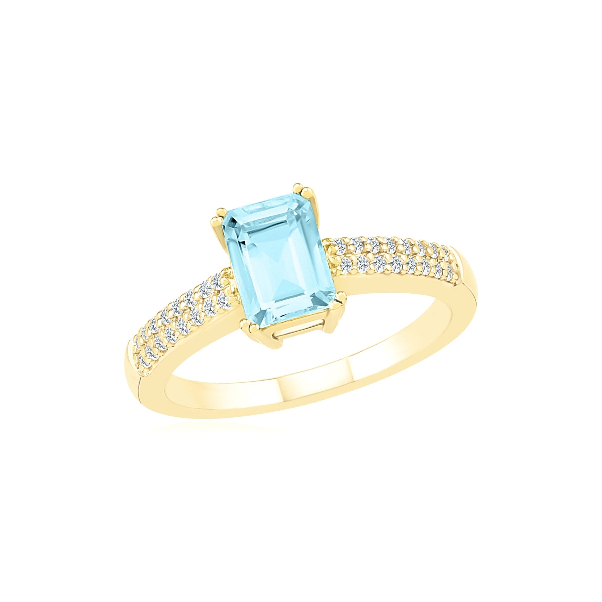 10k Yellow Gold Aquamarine Solitaire Ring with White Sapphire Band - Elegant Birthstone Jewelry for Women, Perfect for Engagement, Anniversary & Special Occasions