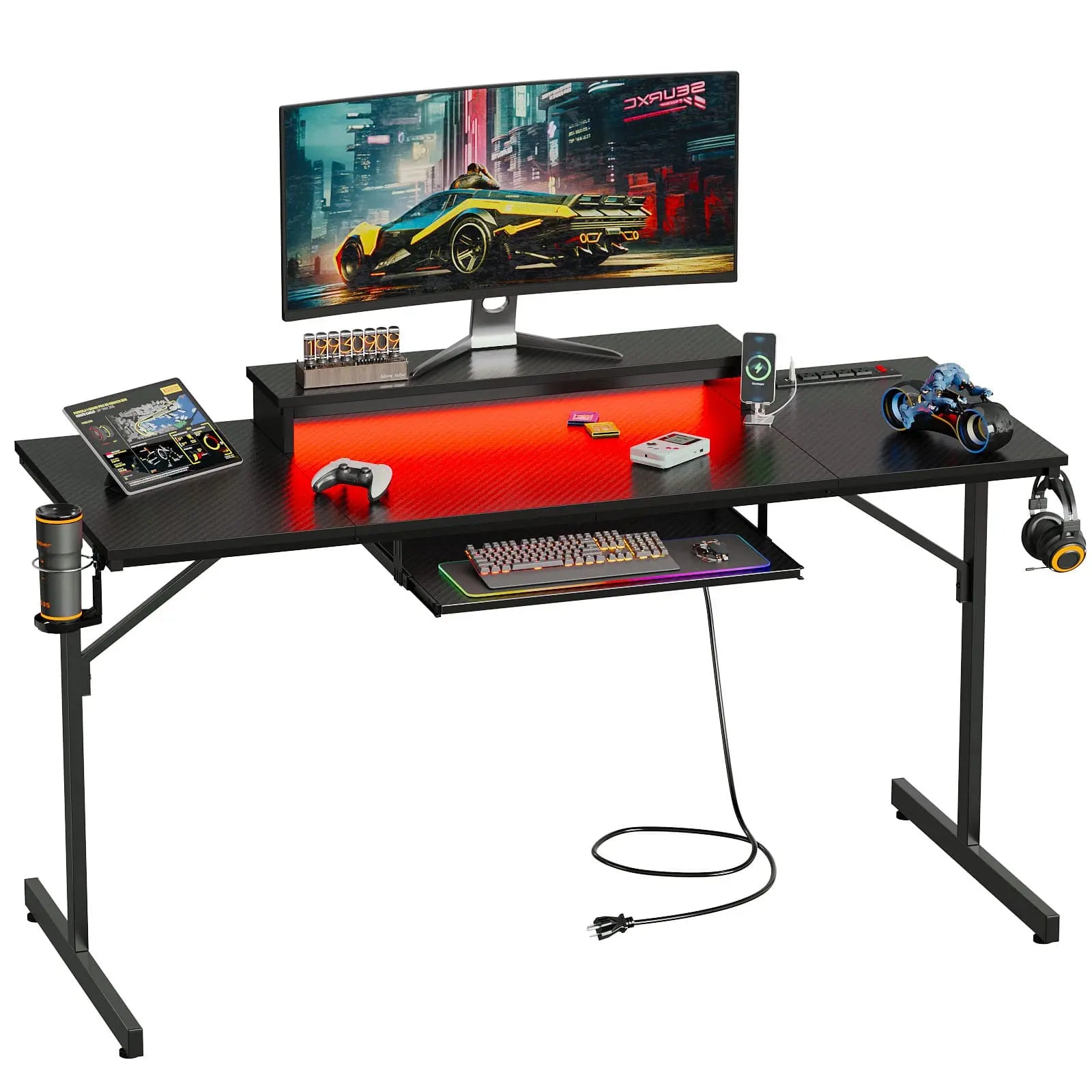 Bestier 63 Inch LED Gaming Desk with Keyboard Tray - Ergonomic Computer Desk for PC & Console Gamers - Perfect for Home Office, Streaming Setup & Esports Gaming