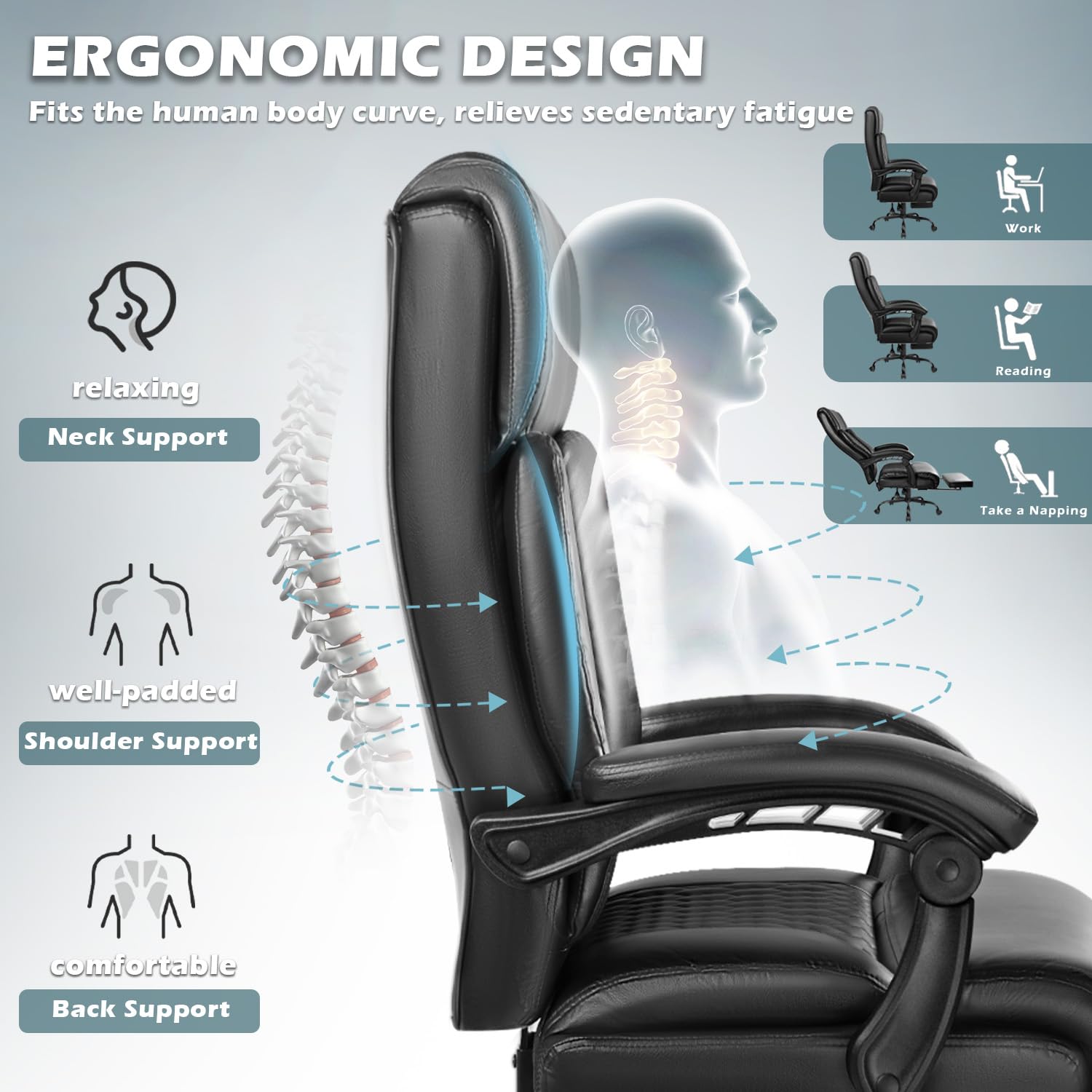 Big and Tall Office Chair with Footrest 400lbs - Heavy Duty Executive Leather Chair for Heavy People - Ergonomic High Back Desk Chair with Lumbar Support - Comfortable for Long Hours - Perfect for Home Office, Gaming, and Workspaces (Black)