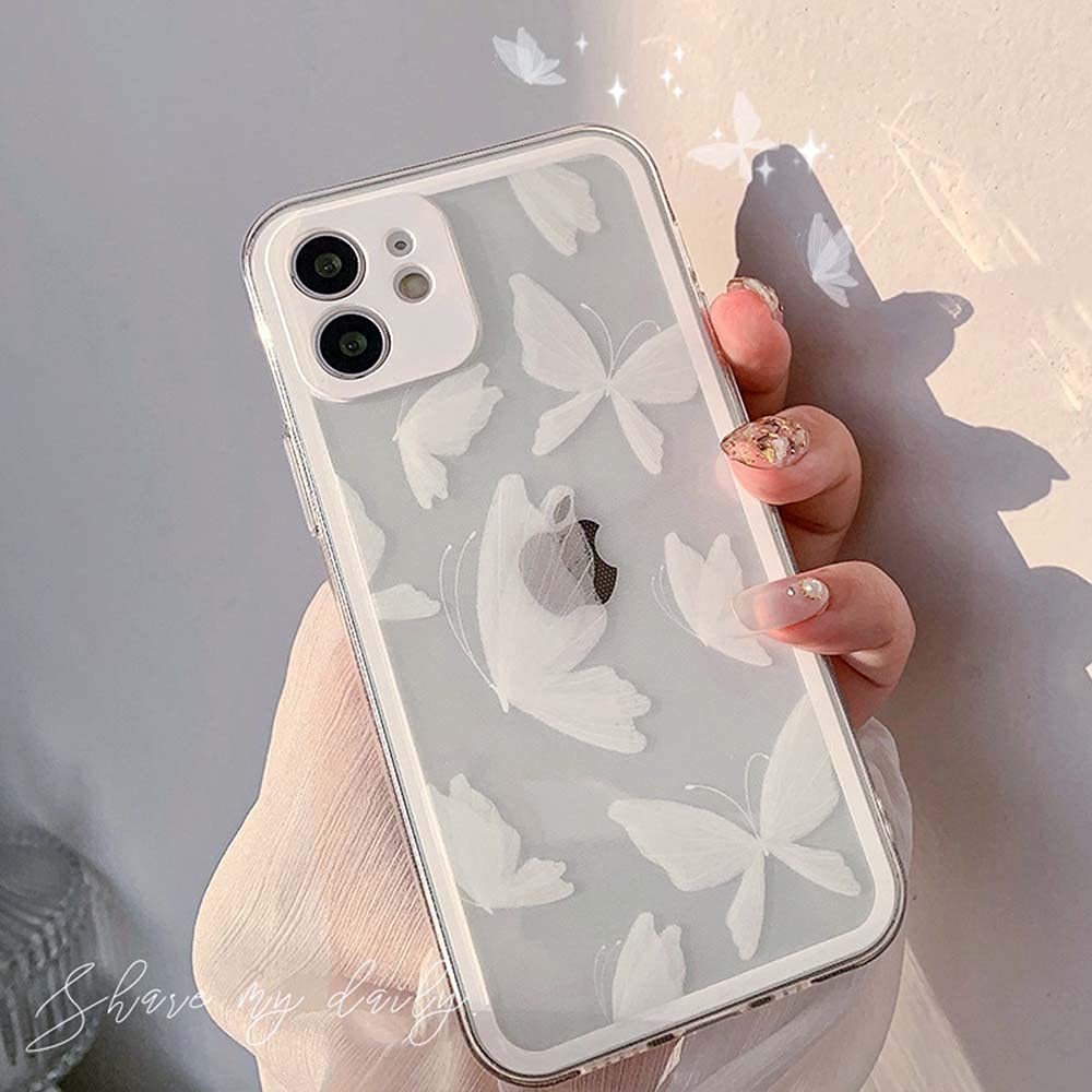 Fycyko iPhone 12 Case - Clear Cute Butterfly Design Slim Soft TPU Protective Cover for Women & Girls | Perfect for Everyday Use, Work & School (White)