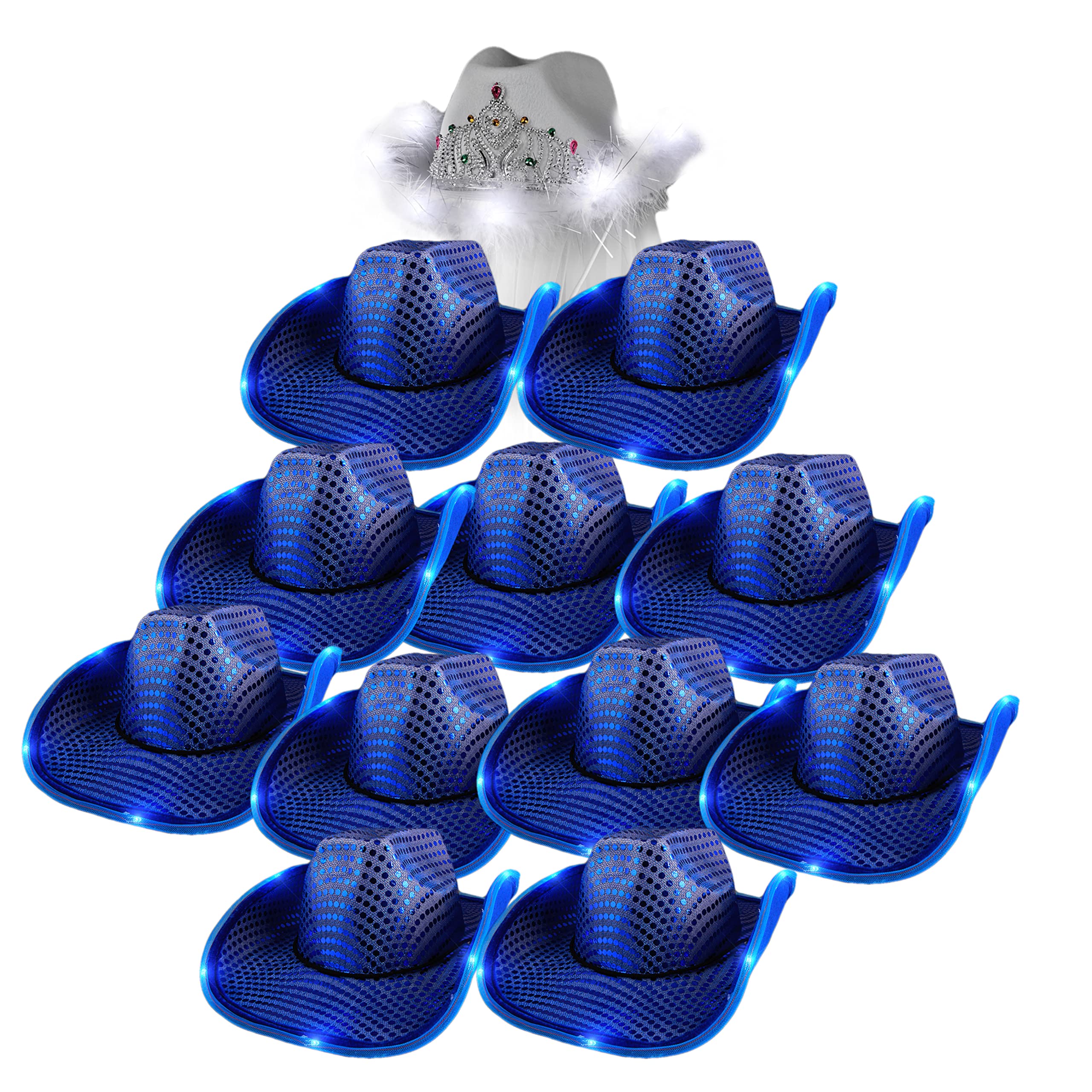 12-Pack Bachelorette Blue Sequin Cowboy Hats & White LED Tiaras - Cowgirl Cowboy Hats with Veil for Bridal Party, Bachelorette Party, Wedding, and Country-Themed Events
