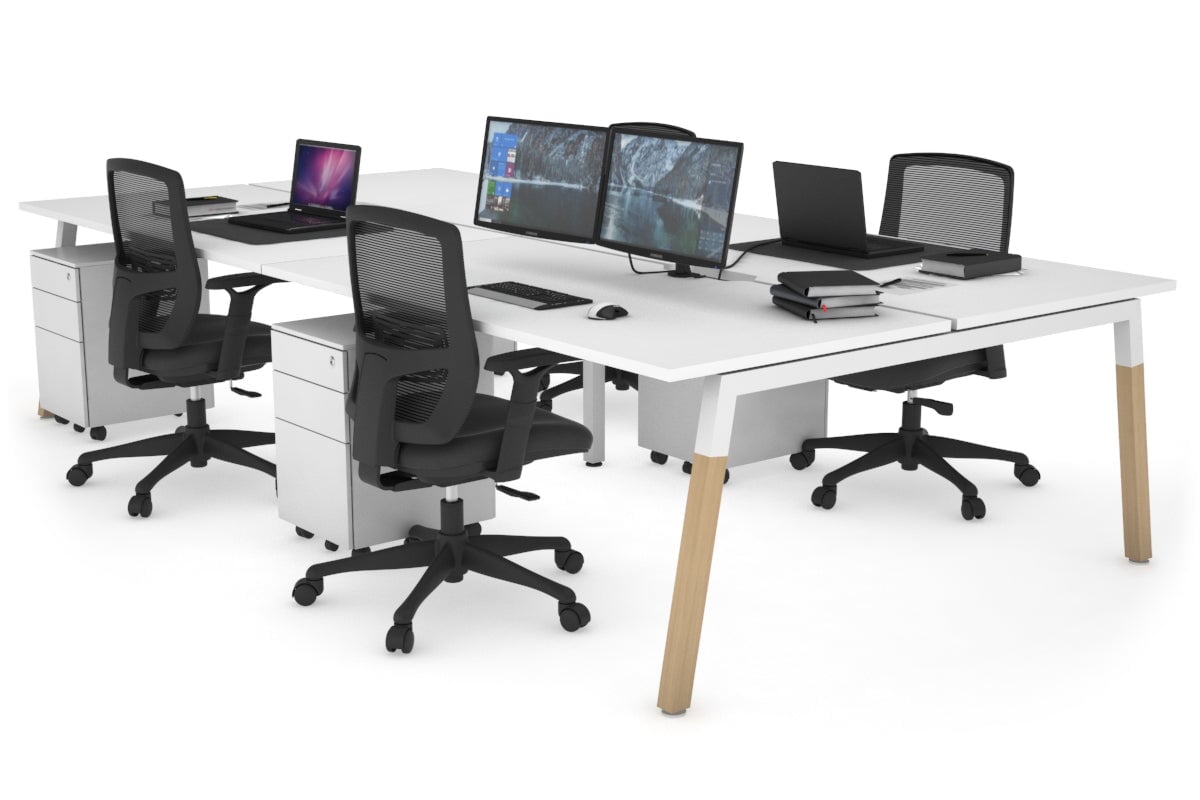 Quadro A Legs 4-Person Office Workstation with Wood Legs & Cross Beam - 1400L x 800W Dimensions, Cable Management Scallop | Perfect for Collaborative Workspaces & Modern Offices