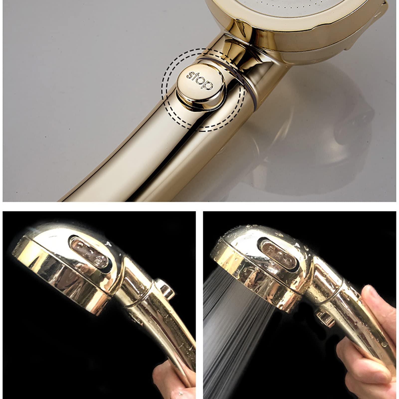 3-Function Handheld Shower Head with High Pressure - Gold Bathroom Shower Accessories for Hotel & Home Use - Perfect for Relaxing Massage and Water Saving