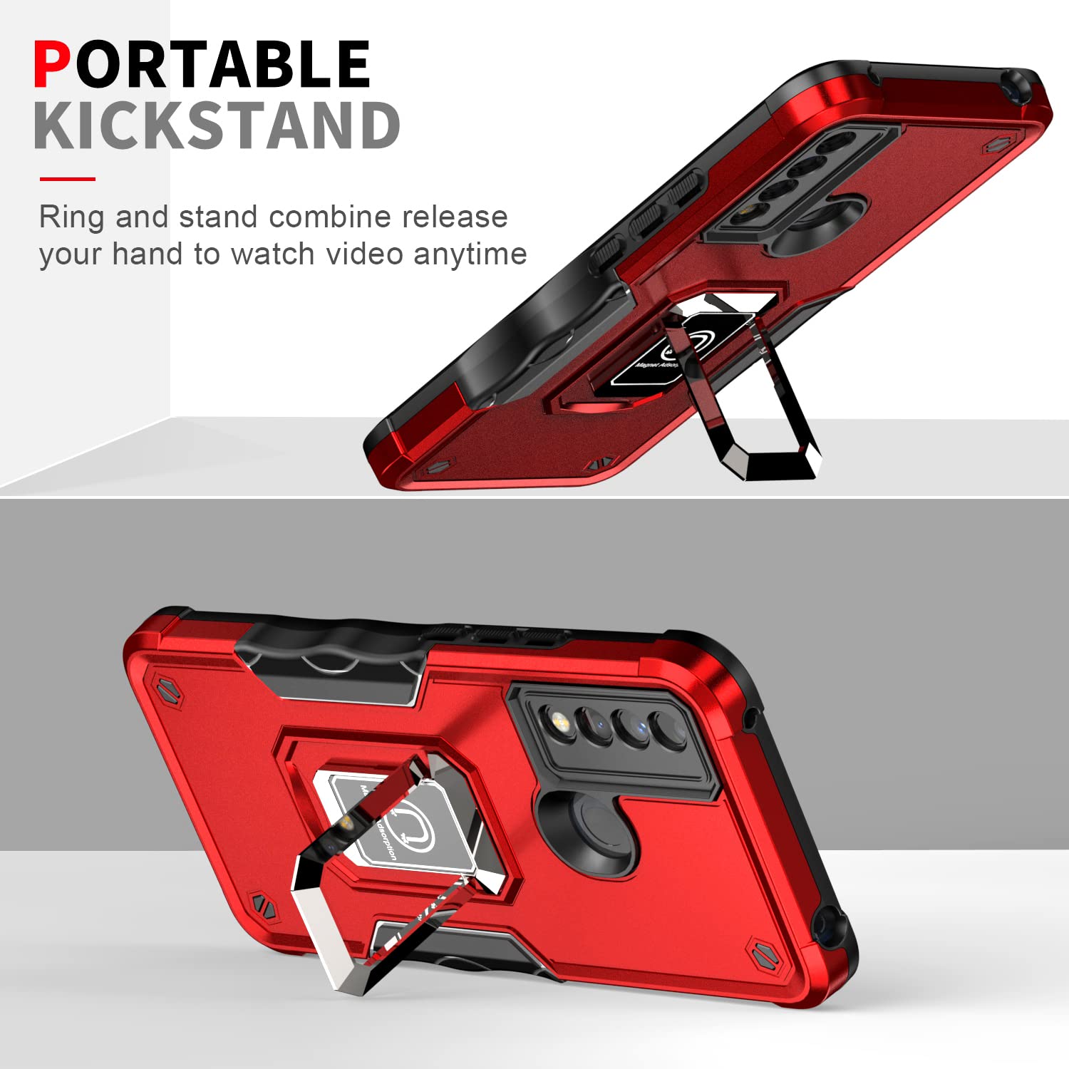 Rosebono Magnetic Kickstand Case for TCL 20 XE - Hybrid Metal Ring Protective Cover with Defender Armor (White) | Perfect for Work, Travel & Everyday Use