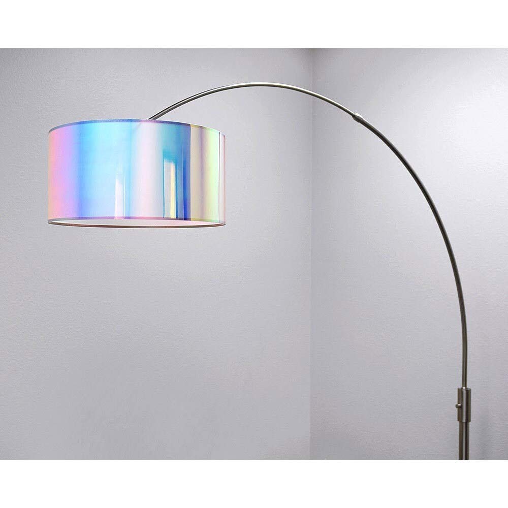 HomeGlam Orbita 82-inch Brushed Nickel Retractable Arch Floor Lamp with LED Bulb & Drum Iridescent Shade - Dimmable Modern Lighting for Living Room, Bedroom or Office Decor