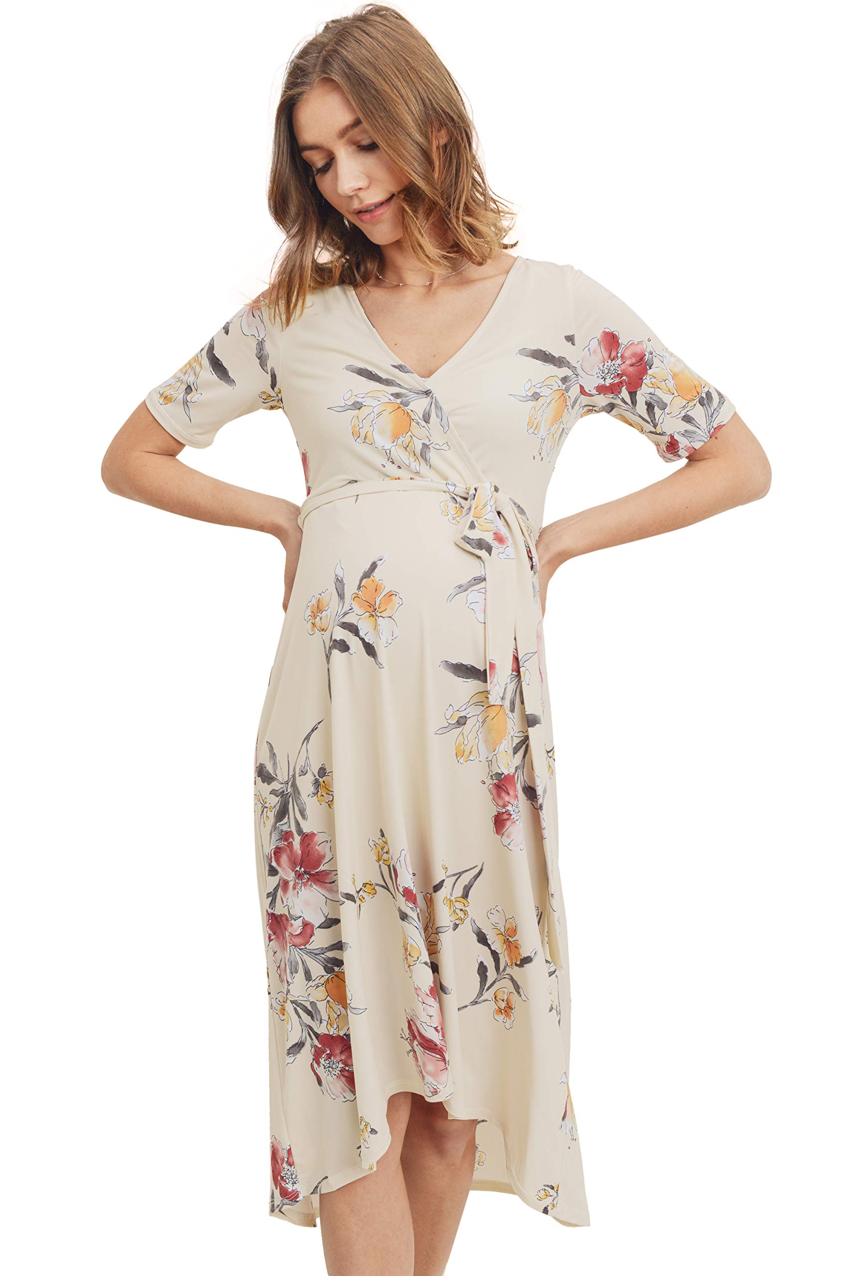Maternity Wrap Dress for Women - Stretchy Midi Length with Adjustable Waist Belt | Perfect for Pregnancy, Nursing & Postpartum Comfort