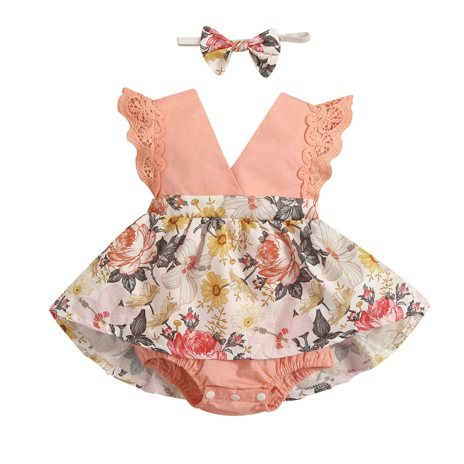 Baby Girls Summer Outfit Sets - Lace Sleeve V-Neck Floral Patchwork Tutu Romper with Headband | Cute Infant Outfits for Photoshoots, Parties & Special Occasions
