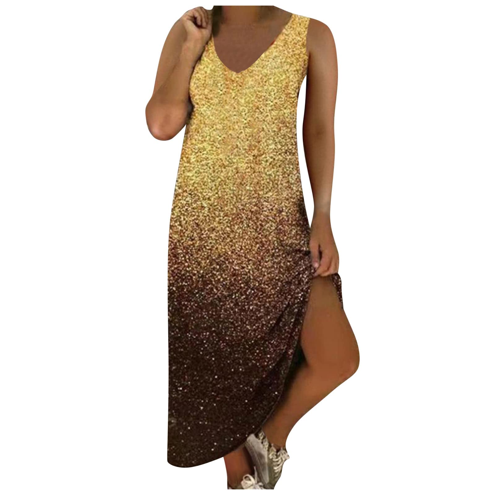LOOKAA Women's Summer Casual Loose Long Sun Dress - V Neck Sleeveless Flowy Beach Dress with Floral Print | Perfect for Vacation, Holiday, Beach Party & Outdoor Activities