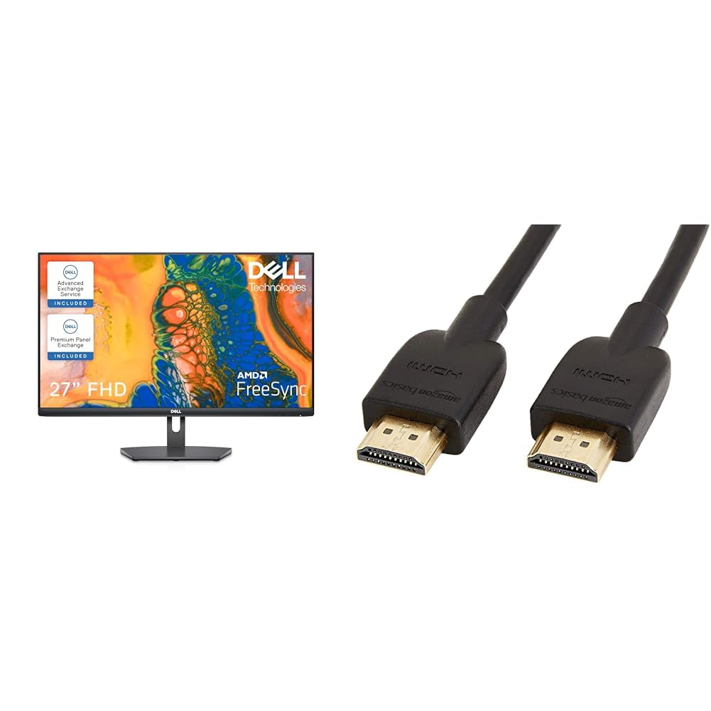 Dell S2721NX 27 Inch Full HD (1920x1080) IPS Monitor - 75Hz Refresh Rate, 4ms Response Time | Amazon Basics 2-Pack High-Speed HDMI 2.0 Cable - 18Gbps, 4K@60Hz, 2160p, Ethernet Ready, 0.9m Black | Perfect for Home Office, Gaming & Entertainment Setup