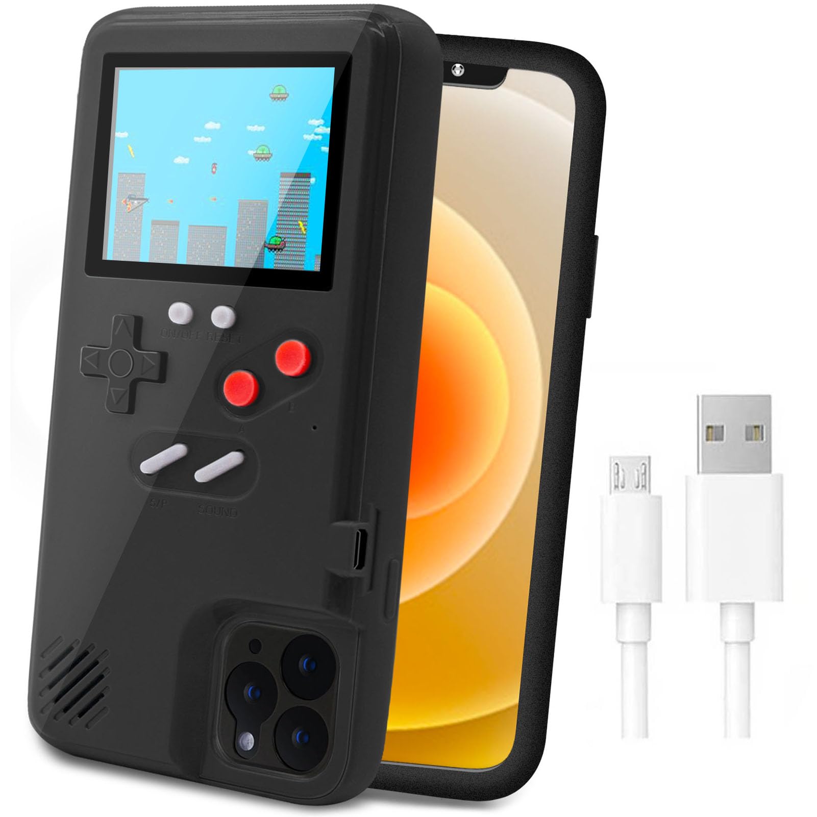 LucBuy Retro Game Console Case for iPhone 13 Pro Max - Self-Powered Protective Cover with 36 Classic Games, Full Color Display & Shockproof Bumper (Black) | Perfect for Gaming On-The-Go & Travel Entertainment
