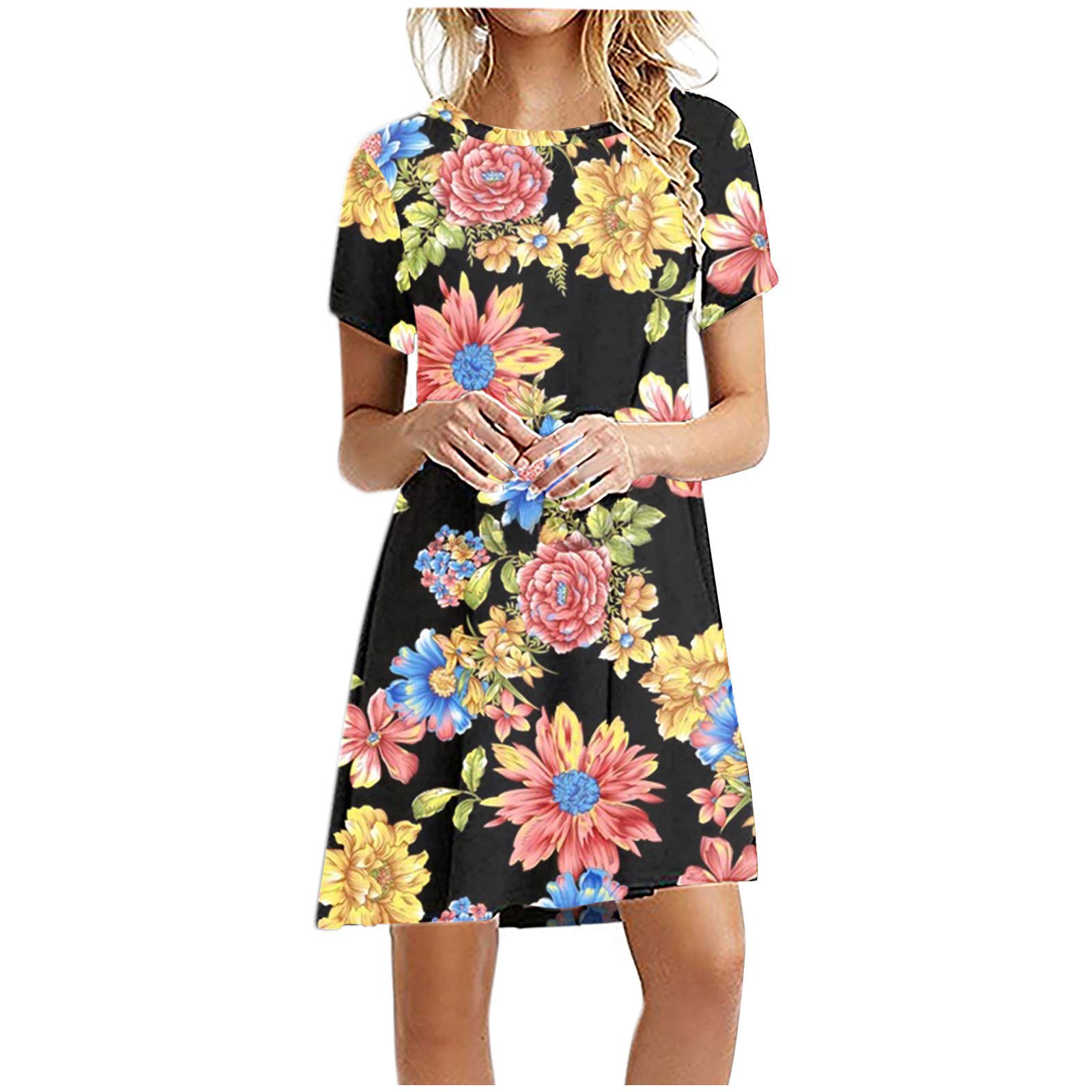 Women's Printed Short Sleeve Loose Round Neck Summer Dress - Casual Beachwear for Vacation, Pool Party & Outdoor Activities