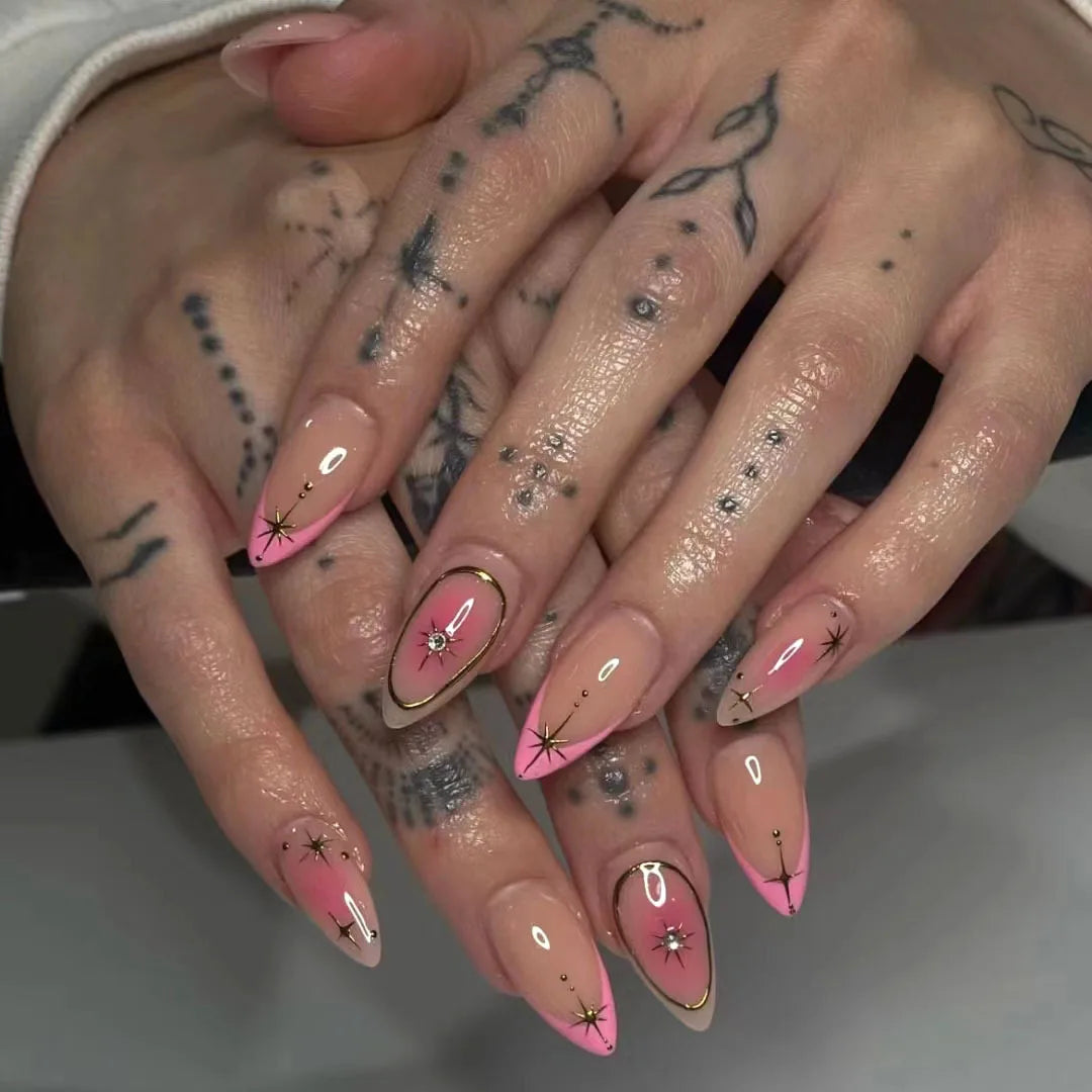 24Pcs Short Pink Fake Nails with French Gradient Design - Almond Shaped Press on Nails with Golden Stripe Detachable Tips for Women | Perfect for Parties, Weddings, and Daily Wear