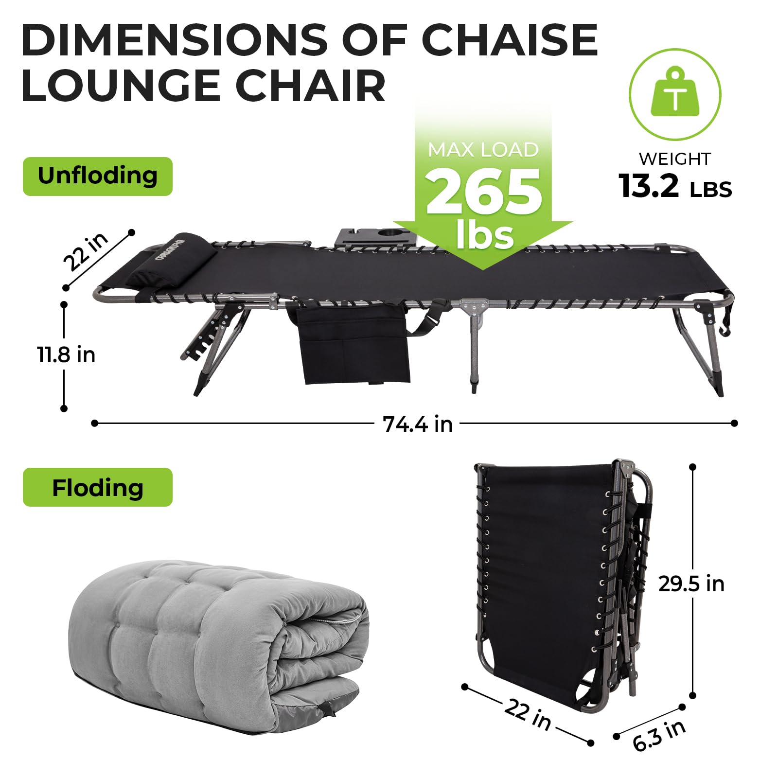 FUNDANGO Folding Chaise Lounge Chair with Soft Cushion & Side Table - 5-Position Adjustable Outdoor Recliner for Patio, Beach, Camping - Portable Sunbathing Chair with Pillow - Perfect for Backyard Relaxation, Poolside Lounging and Picnic Comfort