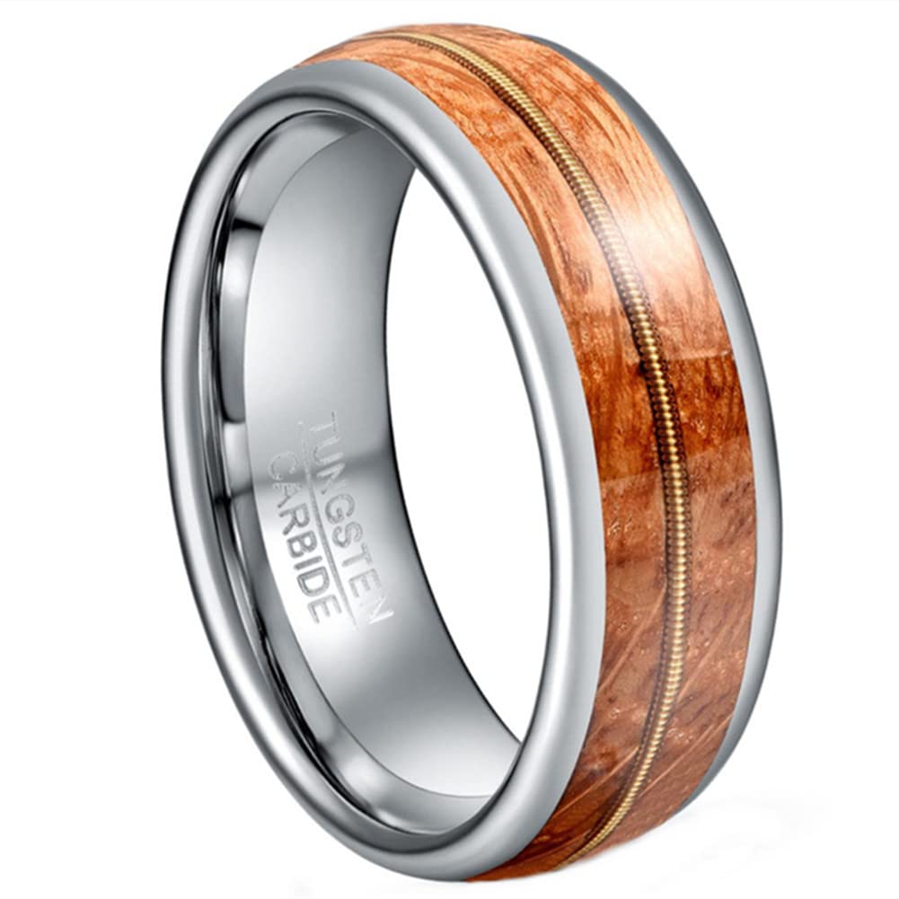 **8MM Tungsten Rings for Men - Guitar Strings & Barrel Wood Inlay Wedding Band - High Polished Edge, Comfort Fit (Size 7-12) - Perfect for Weddings, Anniversaries, and Everyday Wear**