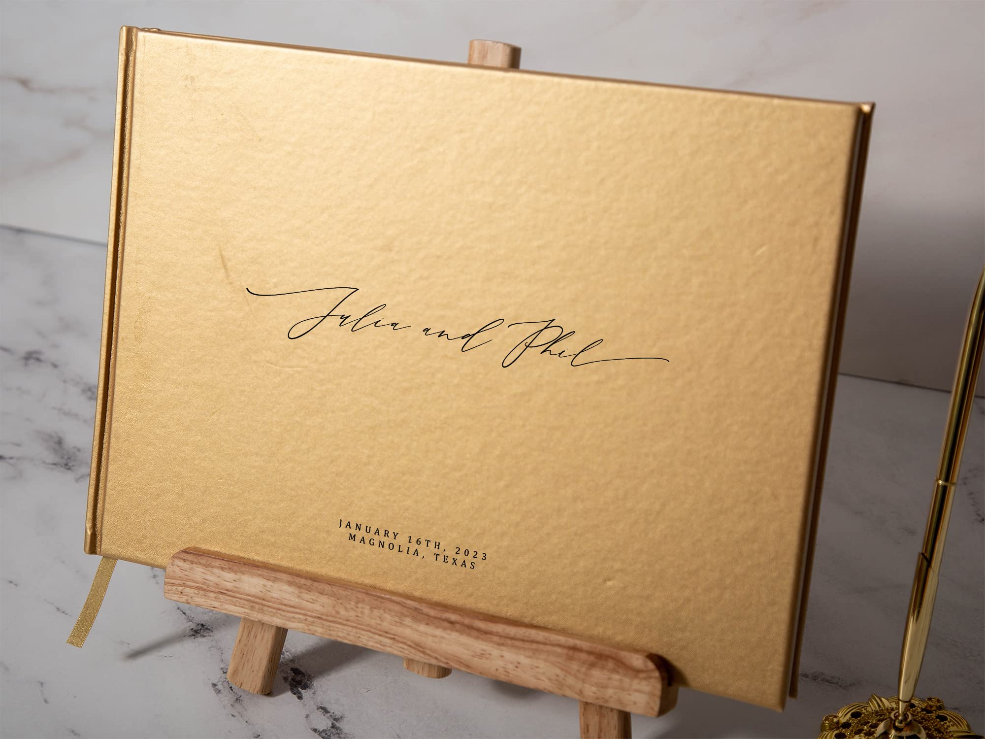 MUJEE Gold Guest Book - Custom Wedding Guestbook, Birthday Party Sign In Book, Event Memory Book with Bookmark & Blank Pages (11.5