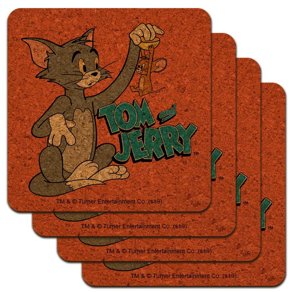 Tom and Jerry Best Friends Low Profile Novelty Cork Coaster Set - 4-Pack Drink Coasters for Coffee, Beer & Wine - Funny Cartoon Home Bar Accessories for Office, Kitchen & Game Room Decor