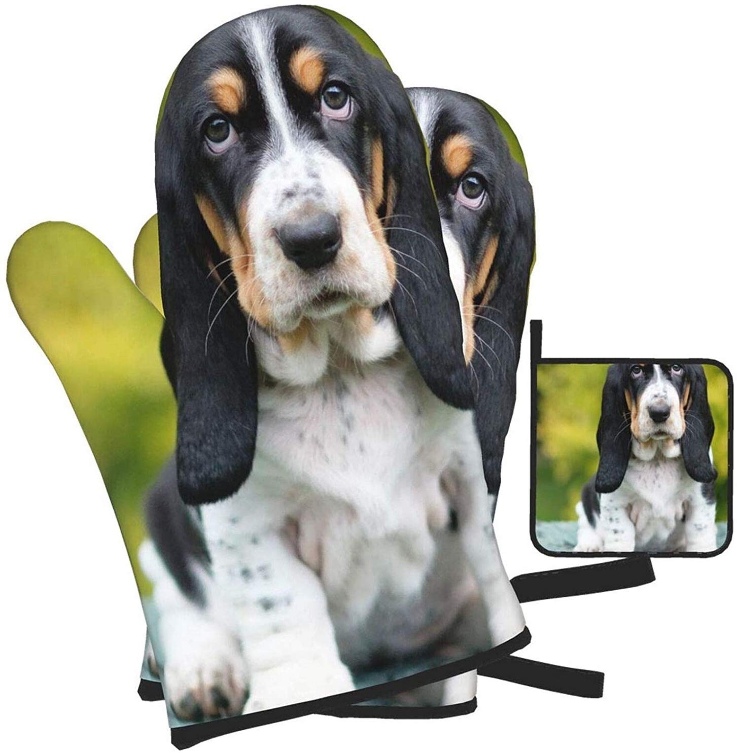 Basset Hound Oven Mitts and Pot Holders - Heat Resistant Non-Slip Kitchen Gloves for Cooking, Baking, Grilling & BBQ - Perfect for Baking Cookies, Roasting Turkey, and Outdoor Barbecues