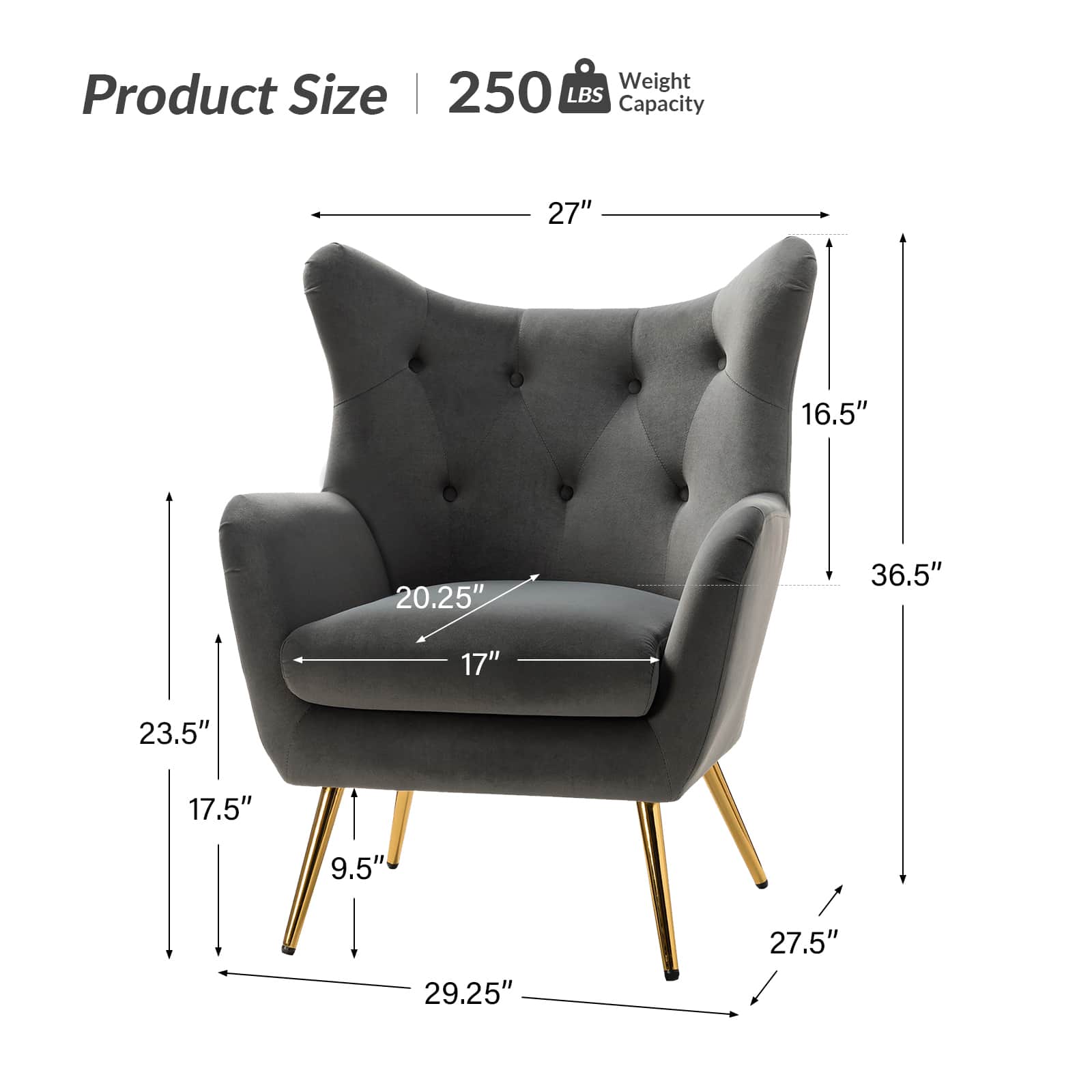 Luxury Isabelle Wingback Velvet Upholstered Armchair - High Back Accent Chair with Sturdy Metal Legs for Living Room, Bedroom & Office Decor