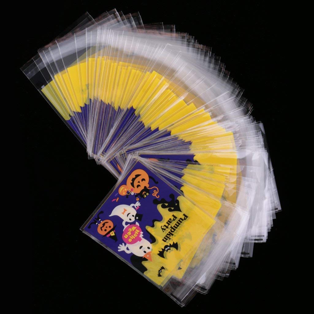 Inzopo 100-Pack Halloween Cellophane Treat Bags for Candy, Cookies, Chocolate & Lollipops - Self-Adhesive Plastic Gift Bags for Party Favors, Trick-or-Treating & Holiday Celebrations