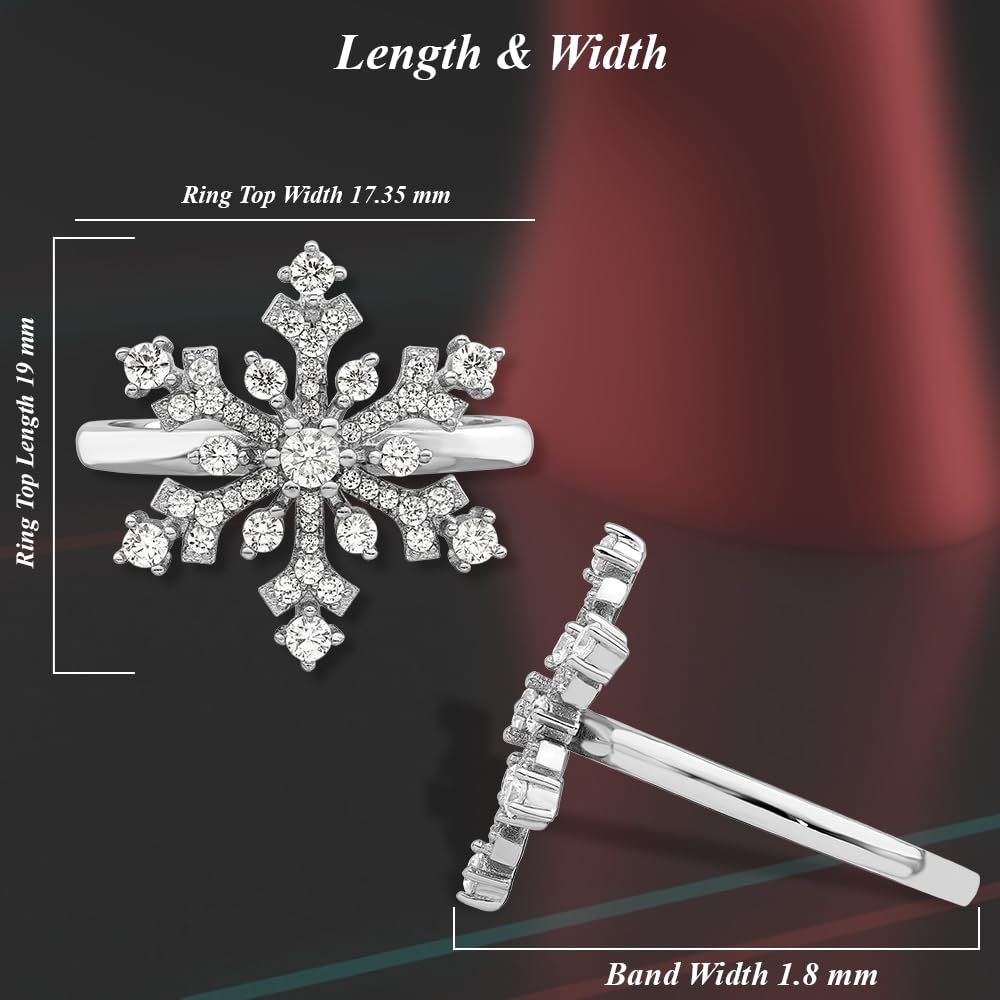 925 Sterling Silver Rhodium Plated Cubic Zirconia Snowflake Ring for Women - Elegant Winter Jewelry Gift for Christmas, Anniversary & Special Occasions