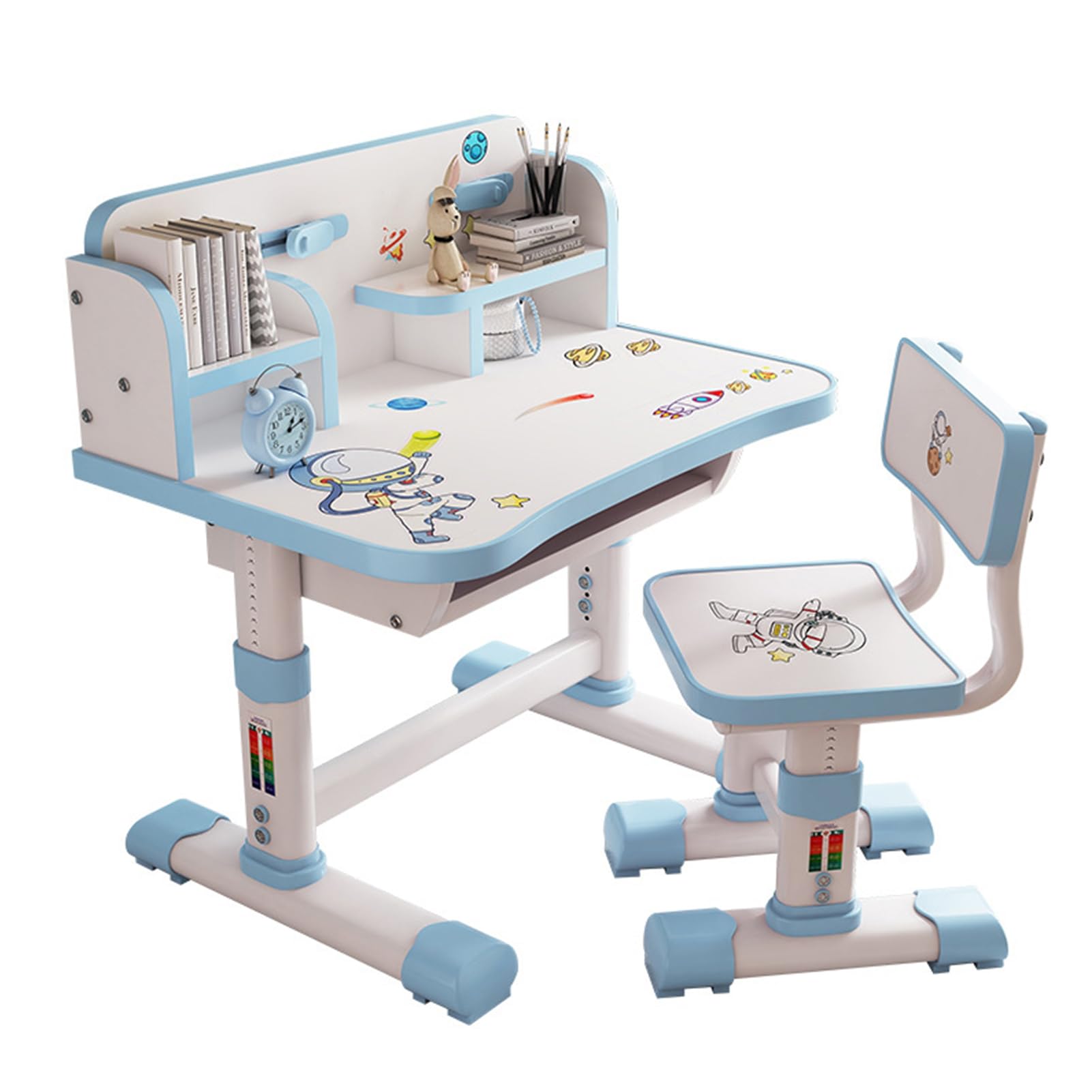 Adjustable Kids Study Desk and Chair Set with Cartoon Design - Ergonomic Children's Writing Table with Bookshelf & Storage, Perfect for Homeschooling & Online Learning