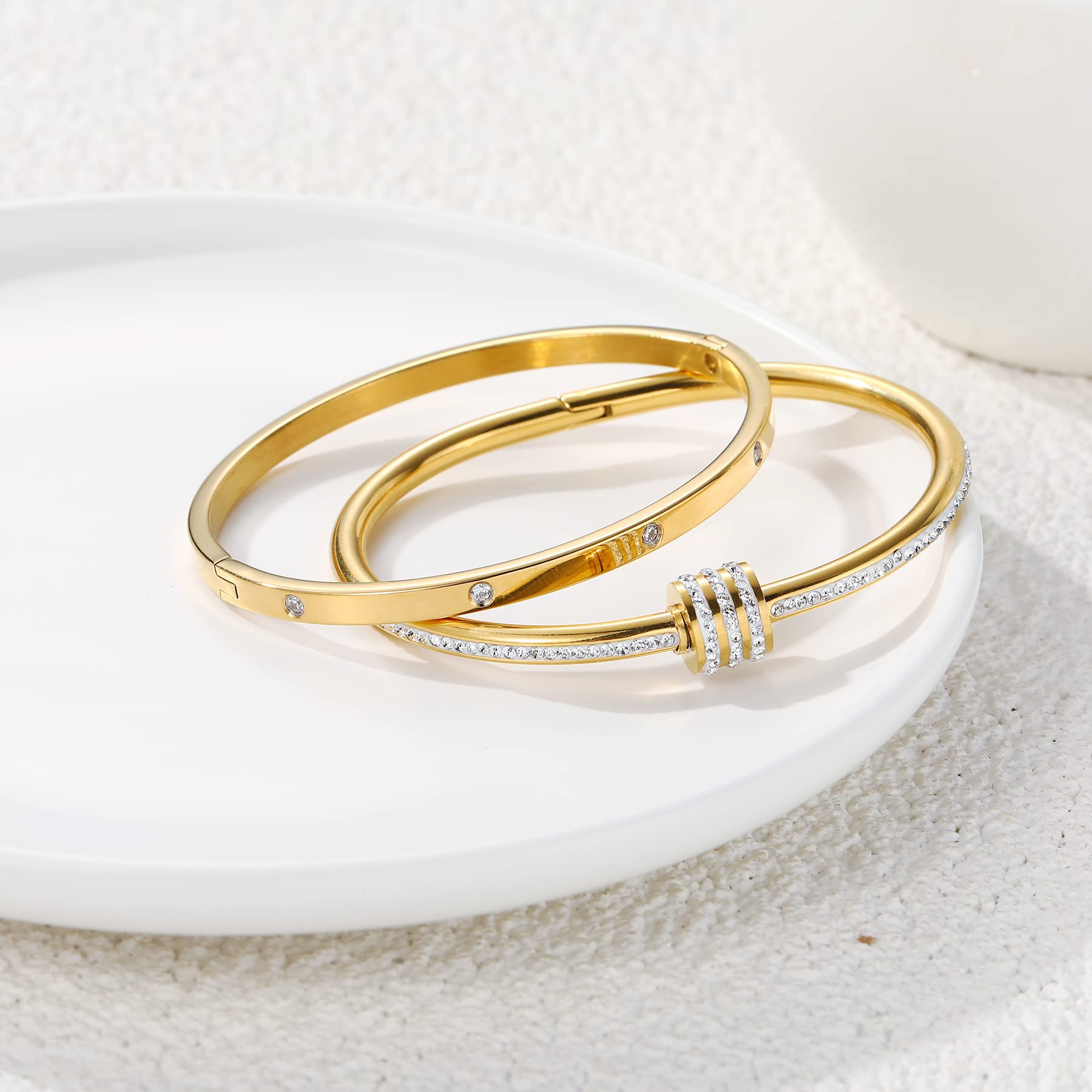 Elegant Women's Stainless Steel Gold Plated Cuff Bracelet with Cubic Zirconia Hinge - Oval Bangle for Anniversary, Birthday & Valentine's Day Gifts | Perfect for Date Nights, Weddings & Special Occasions