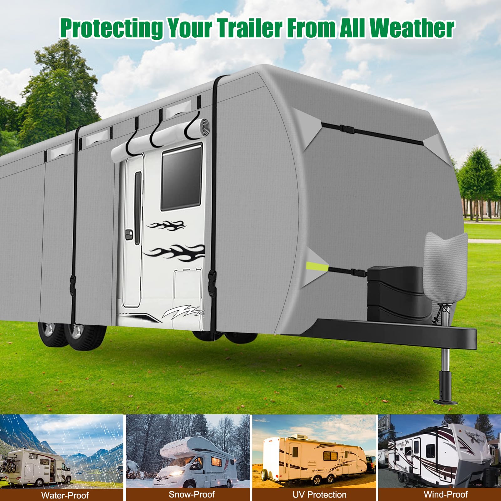 **Upgraded 300D Oxford RV Cover for Travel Trailers 35'-38' – Waterproof, Windproof, UV-Resistant Camper Cover with Tongue Jack Cover & Repair Patch – Perfect for Motorhome, Fifth Wheel, and Travel Trailer Protection**    *(Use Case: Ideal for long-term outdoor storage, winter protection, and shielding RVs from harsh weather conditions like rain, snow, and sun damage.)*