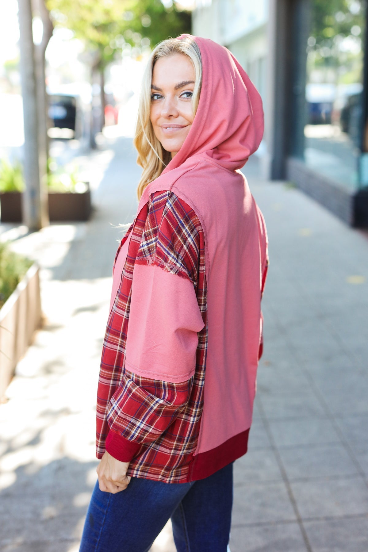 Stylish Marsala Plaid Color Block Zipper French Terry Hoodie for Women | Cozy Fall & Winter Outerwear | Perfect for Casual Outings, Lounge Wear and Street Fashion