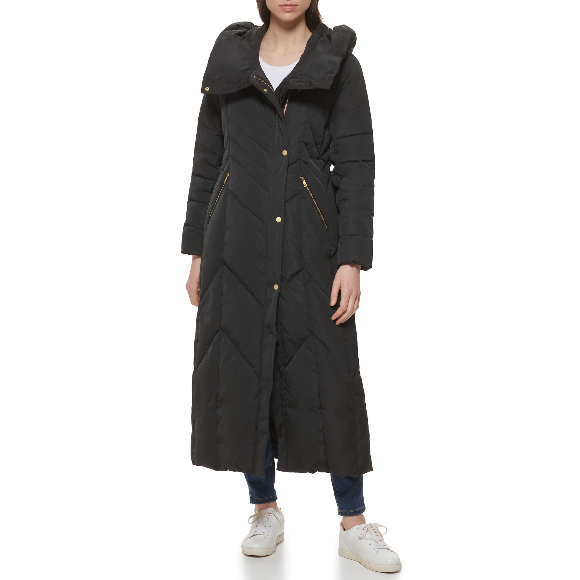 Cole Haan Women's Taffeta Down Puffer Jacket with Convertible Collar & Chevron Quilting - Warm Winter Coat for Work, Travel & Outdoor Activities