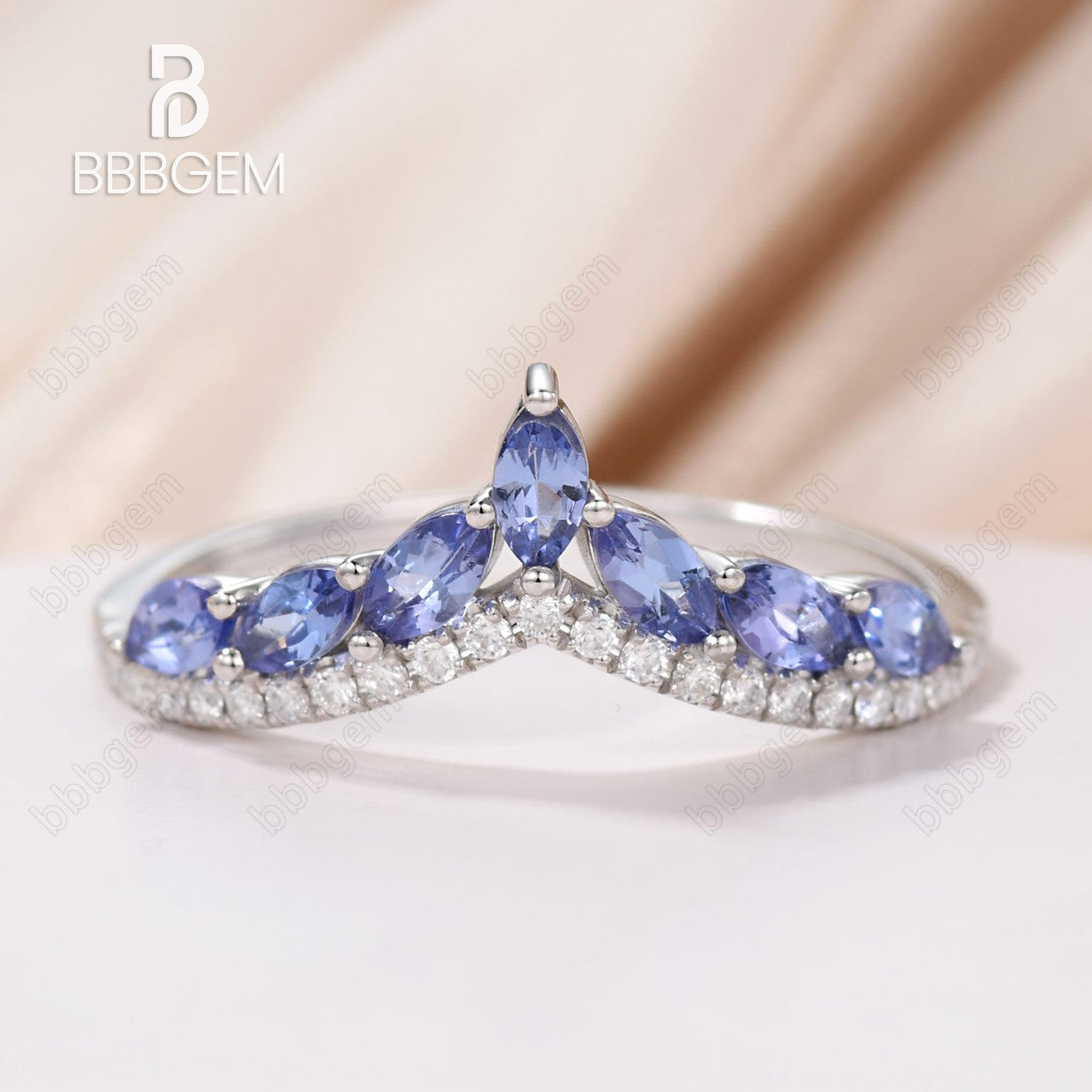 White Gold V-Shaped Chevron Band with Marquise Tanzanite & Moissanite Pave - Stackable Wedding Ring for Women, Perfect for Bridal Sets, Anniversary Gifts & Everyday Elegance