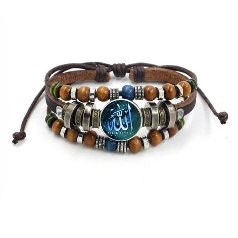 Allah Beads Leather Bracelet with Glass Cabochon - Islamic Prayer Jewelry for Men & Women - Perfect for Daily Wear, Religious Occasions and Gift Giving