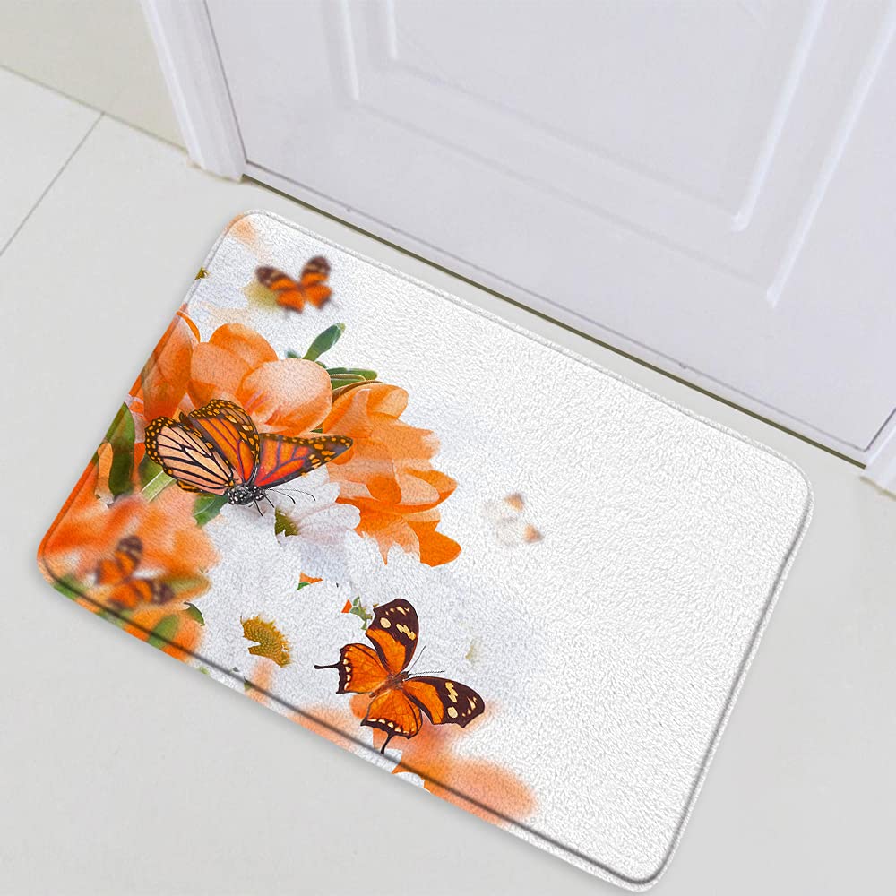 Non-Slip Floral Butterfly Bathroom Rug - Soft Flannel Orange & White Bath Mat (17.71