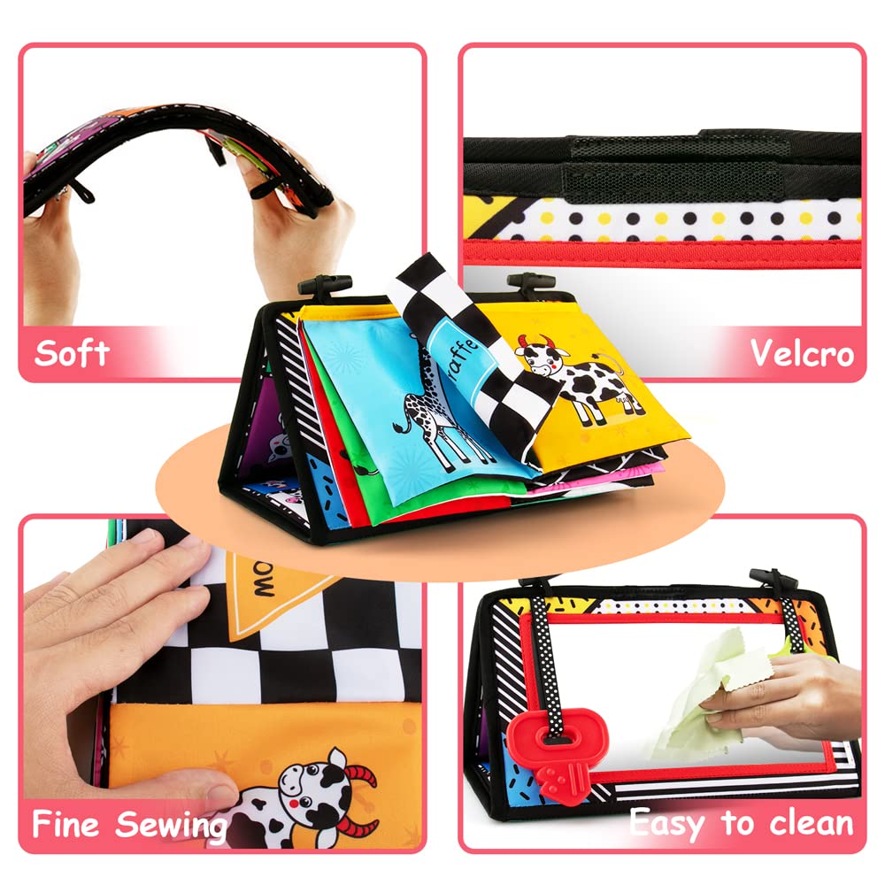 3-in-1 Tummy Time Mirror & Sensory Toy Set with Soft Crinkle Book, Teether, Rattle - High Contrast Black & White Montessori Baby Developmental Toys for Newborns 0-12 Months | Perfect for Crawling Practice, Sensory Stimulation & Early Learning